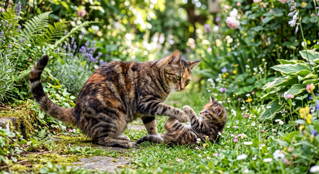 「お花畑でゴロンとへそ天🐈🌼 優しいママに見守られて、子猫ちゃんも楽しそう！自然の中の猫って最高ですよね🌿✨」An ultra-realistic high-quality photograph of a short-haired torbie (patched tabby) mother cat and her kitten playing in a beautiful garden blooming with lavender and pink flowers. Their distinct brown and black stripes mixed with orange patches are highlighted by soft, natural dappled sunlight. The mother gently extends her paw towards the kitten rolling playfully on its back, capturing a heartwarming and lively scene. ラベンダーやピンクの花が咲き誇る美しい庭園でじゃれ合う、短毛のトービー（パッチドタビー）親子。鮮明な茶黒の縞模様とオレンジの模様が混ざる美しい被毛が、柔らかな木漏れ日に照らされています。母猫が優しく前足を伸ばし、仰向けに寝転がって無邪気に遊ぶ子猫を見つめる、生命力に満ちた心温まる情景
