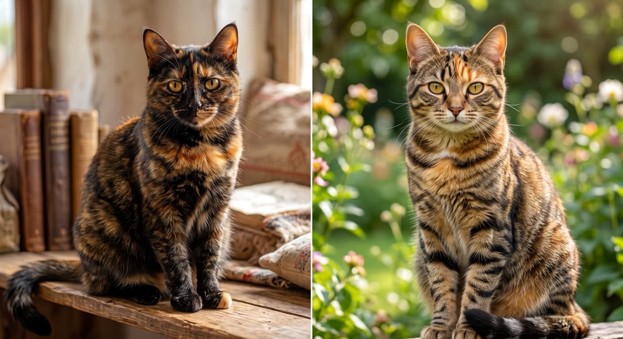 「サビ猫ちゃんとムギワラ猫ちゃん、どちらの柄も魅力的で選べない😻それぞれの個性が光る美しさに視線釘付けです✨」Ultra-realistic high-quality split photograph showing a tortoiseshell cat with a complex mix of black and brown fur sitting on a wooden window sill next to antique books on the left, and a patched tabby cat with mixed brown tabby stripes sitting in a sunlit garden with blooming flowers on the right. Both felines feature striking golden eyes looking directly at the camera, with contrasting backgrounds highlighting their unique coats. 左側にはアンティークな洋書が並ぶ木製の窓辺に端正に座る、黒と茶色が複雑に混ざり合った被毛を持つサビ猫。右側には陽光が差し込む花咲く庭を背景に佇む、キジトラ模様に茶色が混ざった美しいムギワラ猫（パッチドタビー）が配置された2分割の比較画像。どちらも宝石のような金色の瞳で真っ直ぐこちらを見つめており、対照的な背景がそれぞれの毛色の魅力を鮮やかに引き立てています