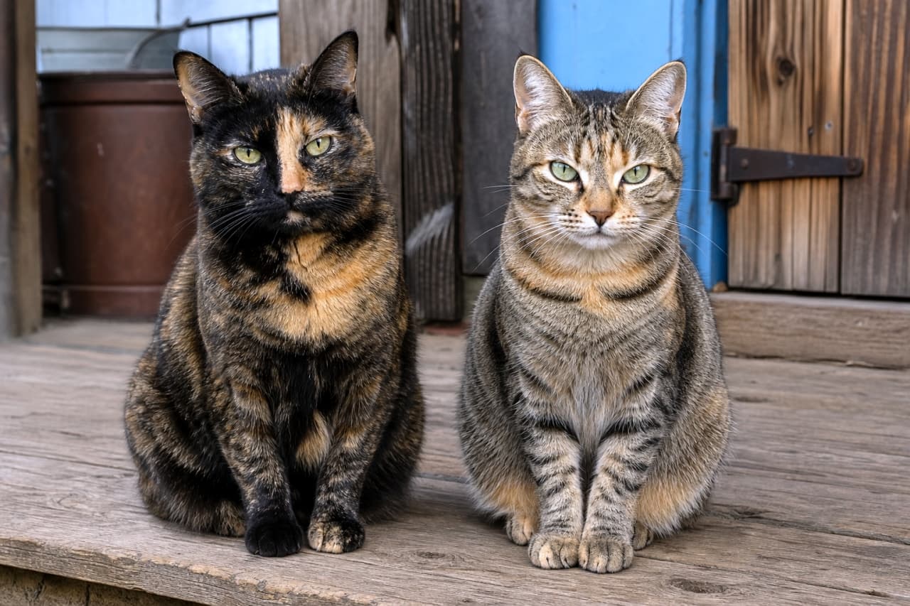 「まっすぐ見つめる視線にドキッとしちゃう🐾 木のぬくもりと、サビ猫＆トービー猫の複雑な模様の相性が抜群のお洒落な一枚です📸✨」An ultra-realistic high-quality photograph featuring a close-up portrait of two cats sitting side by side against a rustic wooden background. On the left, a tortoiseshell cat displays a beautifully mottled black and orange unstriped coat with a striking split-face pattern. On the right, a torbie cat shows clear brown tabby stripes and orange patches. Their intense gaze and highly detailed fur textures are perfectly captured. 古びた木の床と壁を背景に、カメラを正面から真っ直ぐに見つめる2匹の猫。左側は顔の中央で黒とオレンジが分かれた印象的な柄を持つ縞模様のないサビ猫。右側は、額のM字マークとくっきりとした茶黒の縞模様にオレンジが混ざるトービー（麦わら猫）です。被毛の1本1本までリアルに描写されています