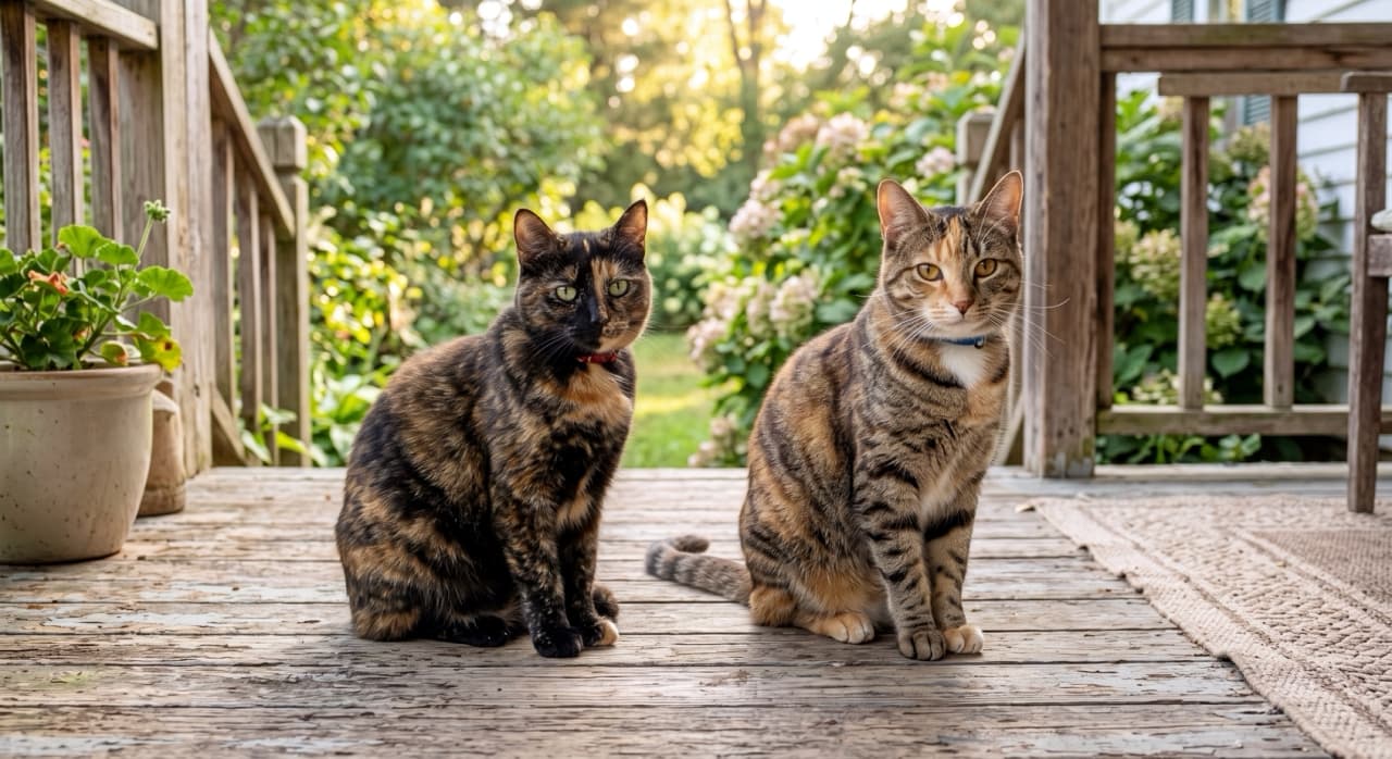 「サビ猫ちゃんとトービーちゃんが仲良くお座り🐈💕 縞模様の「なし」と「あり」の違いがよくわかる奇跡のツーショットです✨ 皆さんはどっちの柄が好き？🙋‍♀️」An ultra-realistic high-quality photograph of two cats sitting side by side on a rustic wooden porch bathed in soft afternoon light. On the left is a tortoiseshell cat with a solid mottled black and orange coat lacking stripes, and on the right is a torbie (patched tabby) cat with distinct brown tabby stripes mixed with orange patches. The lush green background highlights their contrasting coats as they look at the camera. 柔らかな午後の光が差し込む素朴なウッドデッキで、横に並んでお座りする2匹の猫。左側は縞模様が一切ない黒とオレンジのサビ猫、右側は茶色と黒の明確な縞模様にオレンジのパッチが混ざるトービー（パッチドタビー）です。背景の美しい緑や鉢植えが、カメラを見つめる2匹の対照的な被毛の魅力を引き立てています