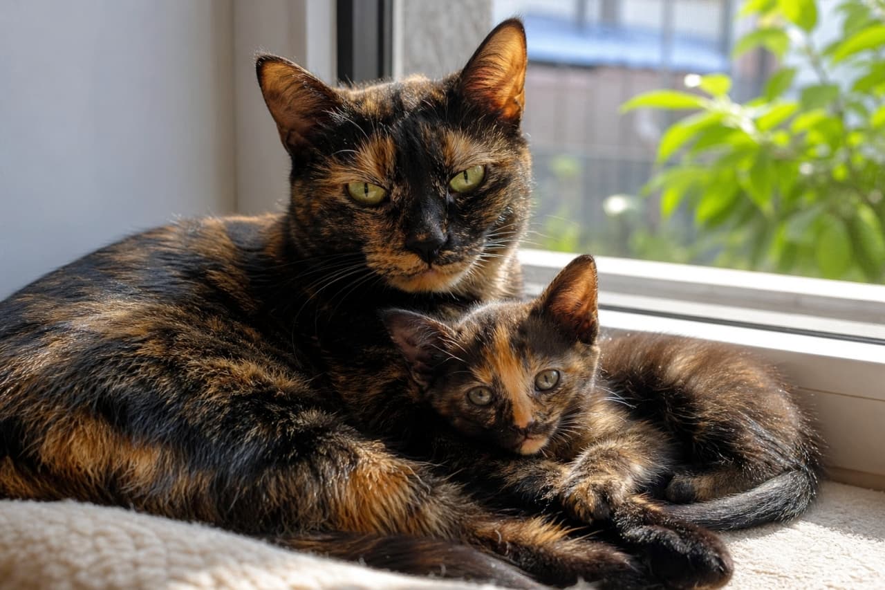 「ぽかぽか陽気の窓辺でリラックスするサビ猫親子🐈🌞 複雑に混ざり合う黒とオレンジの模様が芸術的ですよね✨ 家族の絆を感じる一枚です💕」An ultra-realistic high-quality photograph of a beautiful tortoiseshell mother cat and her kitten resting on a sunlit window sill. Their highly detailed coats feature a random, mottled mixture of black and rich orange without any tabby stripes. The mother looks directly with pale green eyes, creating a warm, peaceful, and cozy atmosphere against the softly blurred green foliage outside. 陽の当たる窓辺の柔らかいブランケットの上でくつろぐ、サビ猫の母猫と子猫。縞模様のない黒と鮮やかなオレンジが複雑に混ざり合った被毛が特徴です。母猫の透き通るような薄緑色の瞳と、安心しきった表情で寄り添う子猫の姿が、背景の緑と相まって温かく穏やかな情景を作り出しています