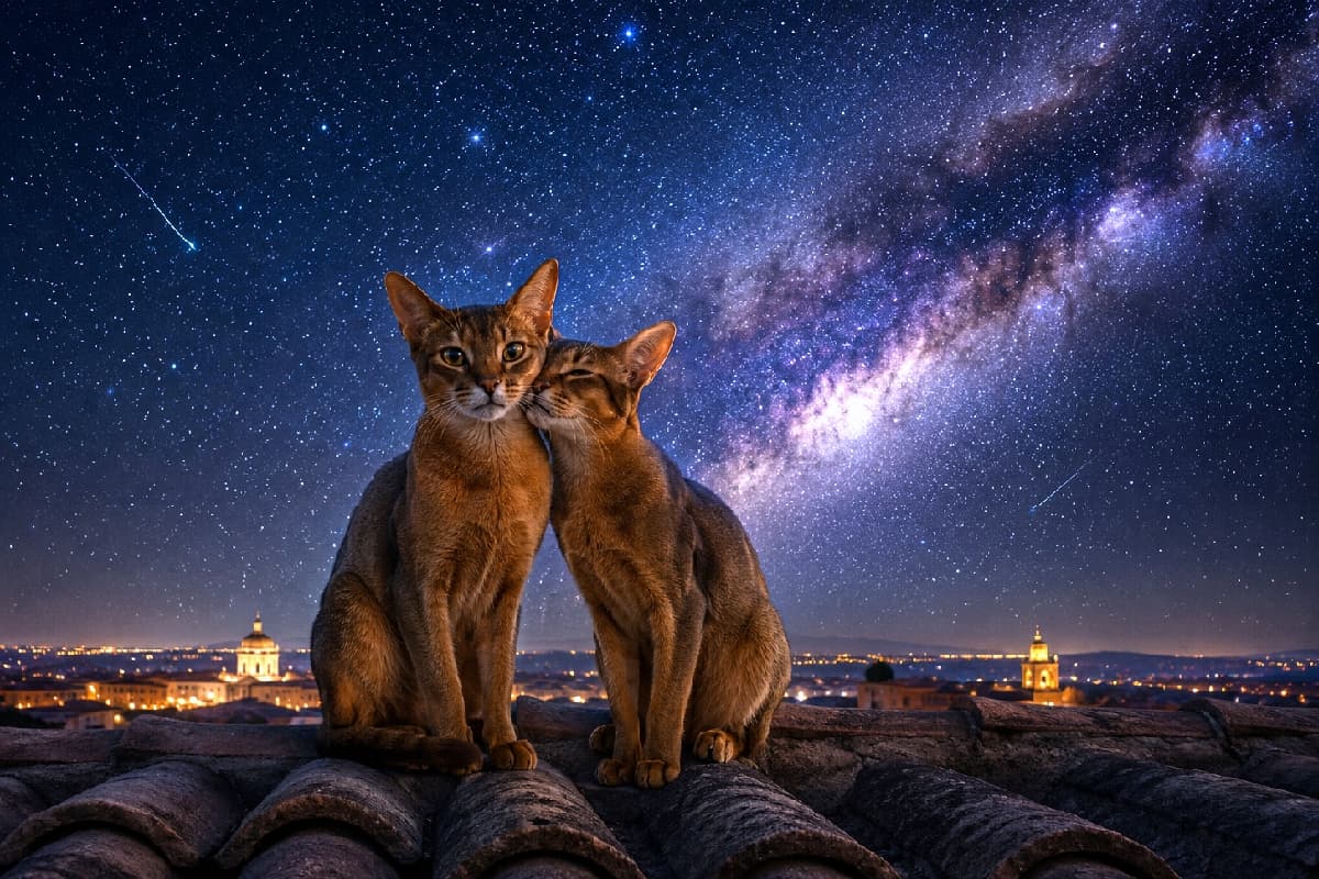 「星降る夜にナイショ話？🌠 寄り添うアビシニアンのシルエットと天の川がロマンチックすぎる…🐈💕 #七夕 #星空」Ultra-realistic high-quality photograph of two Abyssinian cats with ruddy coats sitting on a tiled roof, affectionately cuddling under a breathtaking starry night sky featuring the Milky Way and shooting stars, with a distant city skyline illuminated in the background. 満天の星空とくっきりと浮かび上がる天の川を背景に、古い街並みの屋根の上に並んで座る2匹のアビシニアン。ルディカラーの美しい被毛が街の微かな光に照らされ、お互いの頬を優しく寄せ合う親密なポーズをとっています。流れ星が煌めく幻想的な夜空と、猫たちのしなやかなシルエットが美しい情景