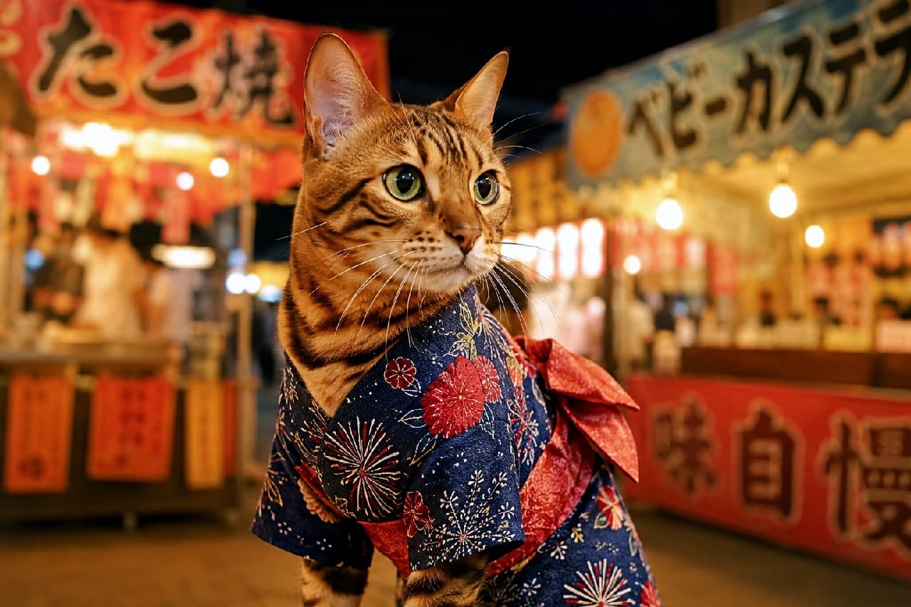 「お祭りスタイルでキメてみたニャ👘✨ 浴衣姿のベンガルちゃん、屋台の美味しそうな匂いにソワソワ中お祭り🐾 #猫浴衣 #夏祭り」Ultra-realistic high-quality photograph of a Bengal cat dressed in a navy blue yukata (summer kimono) with fireworks patterns, standing at a lively Japanese summer festival. Its striking leopard-print fur and vivid green eyes are in sharp focus against a beautifully blurred background of night market stalls and glowing lanterns. 賑やかな夏の夜市（お祭り）を背景に、花火柄の紺色の浴衣を着て佇むベンガル猫の画像。美しいレオパード（豹柄）の被毛と、好奇心に満ちた鮮やかなグリーンの瞳が印象的です。背景には「たこ焼」や「ベビーカステラ」の屋台の赤や黄色の提灯、温かみのある光がボケて広がる、臨場感あふれるリアルな写真