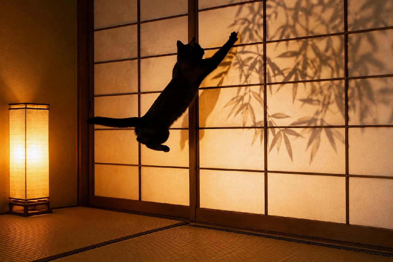 「笹の葉サラサラ〜🎋✨って、あれ！？影を捕まえようとしてる黒猫ちゃん🐈‍⬛💨 お星さまにお願いする前に疲れちゃわないでね😆💕 #七夕 #黒猫 #猫のいる暮らし #シルエット」Ultra-realistic high-quality photograph of a black cat's silhouette dynamically jumping at a bamboo leaf shadow on a Japanese shoji screen, illuminated by the warm orange glow of a traditional paper lamp. 温かみのあるオレンジ色の行灯に照らされた和室。障子に映し出された笹の葉のシルエットに向かって、しなやかな体躯の黒猫が後ろ足で立ち上がり、前足をいっぱいに伸ばして元気よくジャンプしている躍動感あふれるシルエット写真