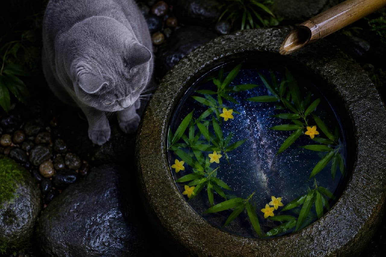 「水鉢の中に広がる、小さな宇宙を見つけたニャ…🌌✨ 夜の静けさに溶け込む神秘的な美しさ。 #和風の暮らし #神秘的」Ultra-realistic high-quality photograph from a high angle showing a British Shorthair gray cat peering into a traditional stone water basin in a mossy Japanese garden. The clear water surface magically reflects the Milky Way galaxy, surrounded by floating bamboo leaves and small yellow flowers, evoking a serene and mystical night atmosphere. 苔むした和風の庭で、石造りの水鉢（つくばい）を上から覗き込むブリティッシュショートヘアの画像。猫の丸みのある頭部と濃いグレーの密集した被毛が美しく、水面には天の川の星空と笹の葉、黄色い小花が幻想的に映り込んでいます。夜の静けさと厳かな光のニュアンスが満ちた、最高画質のリッチなリアル写真