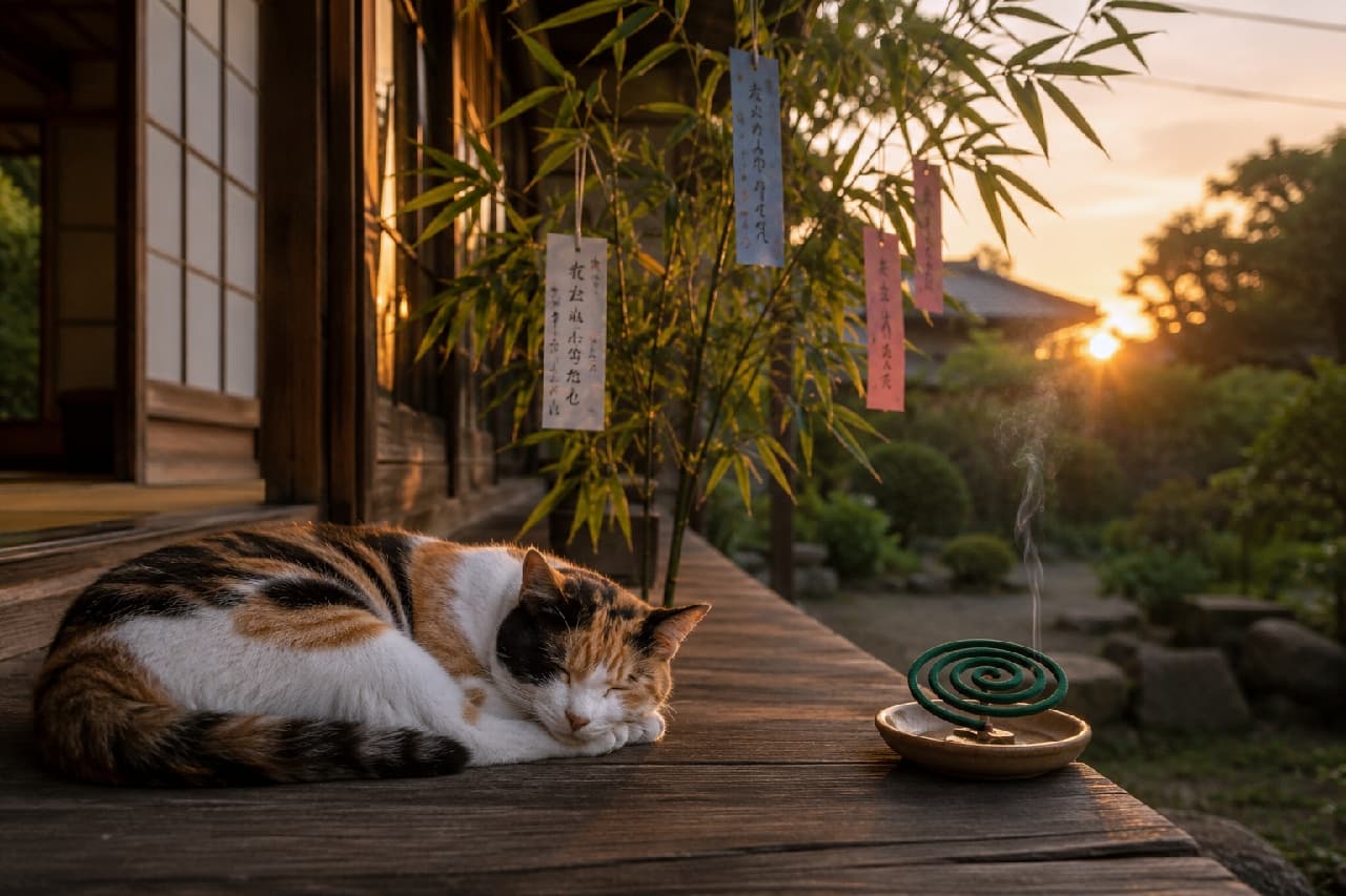 「夕暮れの縁側、蚊取り線香の香り、そしてすやすや眠る三毛猫ちゃん🐈💤 日本の夏って最高ですね🎐 笹の葉にお願い事をして、今日はゆっくり休みましょう🎋✨ #七夕 #三毛猫 #縁側 #日本の夏」Ultra-realistic high-quality photograph of a peaceful calico cat curled up and sleeping on a traditional wooden Engawa (porch) at sunset. The nostalgic summer scene includes a smoking green mosquito coil and bamboo branches with Tanzaku wishes in the background. 夕日が美しく差し込む夏の縁側。木目の美しい床の上で、白・黒・茶のバランスが良い三毛猫が丸くなって穏やかな表情ですやすやと眠っている。傍らには煙を上げる緑色の蚊取り線香、奥には短冊が揺れる笹の葉が配置された、日本の情緒あふれるノスタルジックな風景写真