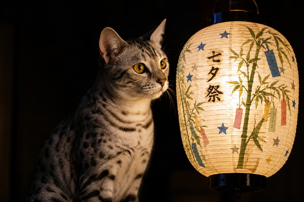 「お祭りの灯りに照らされて✨ 提灯を見つめるエジプシャンマウの横顔がミステリアスでお祭り気分が高まる🏮🐈 #七夕祭 #エジプシャンマウ」Ultra-realistic high-quality photograph of a silver spotted Egyptian Mau cat sitting next to a glowing traditional paper lantern decorated with bamboo leaves and the Japanese text "Tanabata Festival" (七夕祭). The warm light illuminates the cat's striking coat pattern and intense yellow-green eyes against a dark background. 暗闇の中、「七夕祭」の文字と笹飾りが描かれた和紙の提灯の隣に座るエジプシャンマウ。提灯の温かいオレンジ色の光が、シルバーの被毛に浮かぶ美しいスポット模様と、真剣な表情のイエローグリーンの瞳をくっきりと照らし出しています。光と影のコントラストが、静寂な夜のお祭りの雰囲気を漂わせています