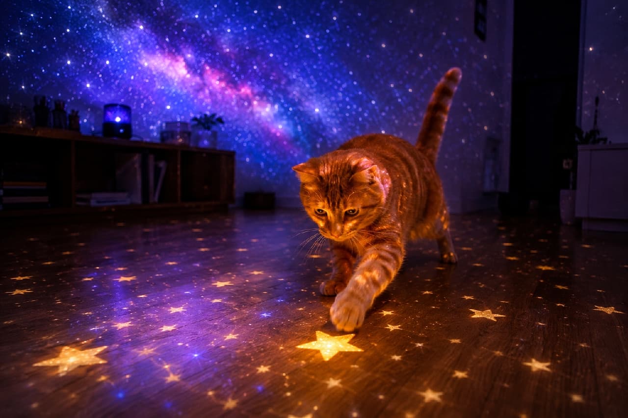 「お部屋の中に天の川が出現！？🌌✨ キラキラのお星さまを捕まえようとする茶トラちゃん🐾 一緒に星空をお散歩したい人〜！🙋‍♀️🙋‍♂️ #七夕 #茶トラ #星空 #猫好きさんと繋がりたい」Ultra-realistic high-quality photograph of a ginger tabby cat playfully reaching out with its paw towards glowing star shapes projected on the floor, set against a mesmerizing background of a colorful galaxy projected onto the room's walls. 室内用プラネタリウムで壁一面に青や紫の美しい天の川が投影された幻想的な空間。床に映し出された光輝く星の形に向かって、丸みのあるお顔と綺麗な縞模様を持つ茶トラ猫が、興味津々な表情でそっと前足を伸ばしているロマンチックな写真