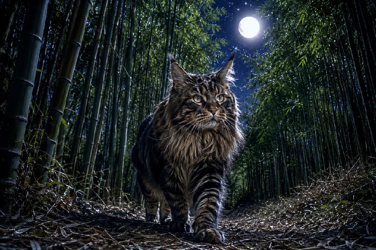 「月夜の竹林に現れた、気高き森の王様…総毛立ちそうなほどカッコいいメインクーンちゃんに釘付けです🦁🌙✨ #メインクーン #神秘的」Ultra-realistic high-quality photograph taken from a low angle, featuring a majestic, large Maine Coon cat confidently walking down a path in a bamboo forest under a glowing full moon and starry sky. Its thick brown tabby coat and wild, regal appearance are captured with intense detail. 満月と星空が輝く夜の静かな竹林の小道を、こちらに向かって堂々と歩いてくる大型長毛種メインクーンの画像。ブラウンタビーの非常に豊かで威厳のあるタテガミのような被毛、シャープな耳のタフト、力強い眼差しがローアングルから圧倒的な存在感で描写されているリアルな写真