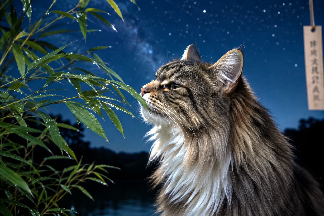 「星空の下、猫は何を想う？🌠 笹の葉の香りと凛とした横顔が絵になりすぎる夏の夜のひととき🎋🐈 #七夕 #星空と猫 #ノルウェージャンフォレストキャット」Ultra-realistic high-quality photograph of a Norwegian Forest Cat with a magnificent ruff of brown tabby and white fur, gently sniffing bamboo leaves adorned with a traditional wooden wish tag. The scene is set against a stunning deep blue starry night sky featuring a faint Milky Way, capturing a calm and poetic summer evening. 天の川がうっすらと浮かぶ美しい星空を背景に、木札の短冊が吊るされた笹の葉に顔を寄せるノルウェージャンフォレストキャット。ブラウンタビー＆ホワイトの立派な飾り毛（ラフ）が夜風になびき、凛とした横顔が星明かりの中に浮かび上がります。静かで涼やかな夏の夜の風情を感じさせる美しいポートレート