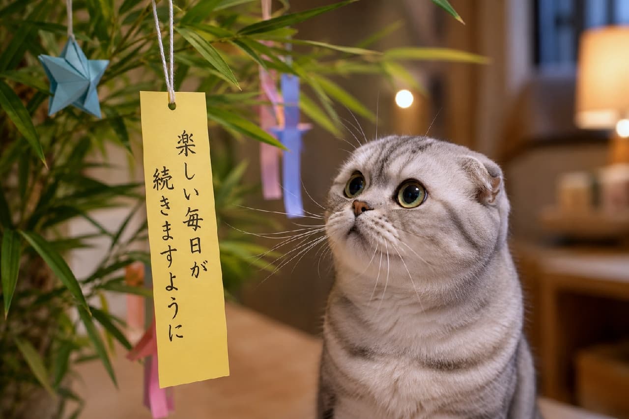 「「楽しい毎日が続きますように…」って、それ僕の願い事ニャ！みんなの願いも叶いますように🎋🌟 #七夕の願い事 #スコティッシュフォールド」Ultra-realistic high-quality photograph of a Scottish Fold cat with silver tabby fur and large, round golden eyes, gazing intently at a yellow wish paper hanging from a bamboo branch indoors. The paper reads "May every day continue to be fun" in Japanese, captured in warm, soft indoor lighting that creates a cozy atmosphere. 室内で笹の葉に吊るされた黄色い短冊を見つめるスコティッシュフォールドのクローズアップ画像。折れ耳と、ゴールドに輝く大きな丸い瞳、シルバータビー（銀灰色の縞模様）のふんわりとした毛並みが特徴です。短冊には「楽しい毎日が続きますように」と美しい日本語で書かれており、温かみのある照明が静かな情景を引き立てるリアルな写真