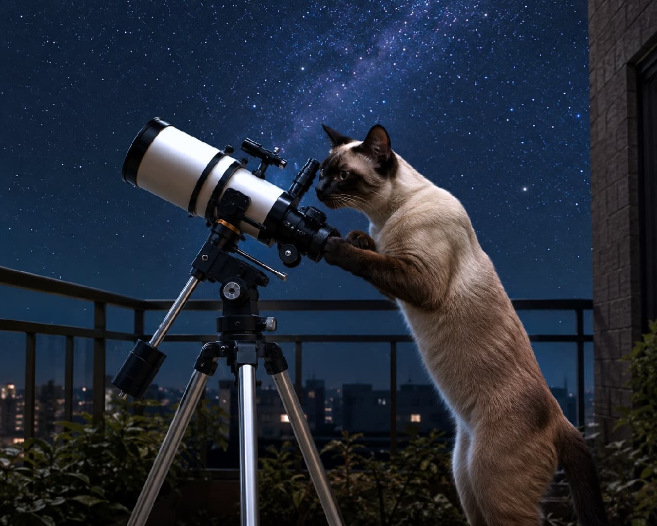 「今夜の星空観測の担当はぼくニャ！🔭✨ 天の川の向こうに、新しい星を見つけちゃうかも？🐾🌌 #シャム猫 #天体観測」Ultra-realistic high-quality photograph of a sleek Siamese cat standing on a balcony, placing its paws on an astronomical telescope as if looking at the stars. The contrast of its dark brown points and creamy body is captured beautifully against a breathtaking backdrop of the Milky Way galaxy and distant city lights. 夜のベランダで、本格的な天体望遠鏡に前足をかけ、夜空を覗き込んでいるシャム猫（サイアミーズ）の画像。特徴的なポイントカラーの耳や顔の濃いブラウンと、スリムでしなやかなボディが美しく描写されています。背景には満天の星空と天の川、遠くの街の明かりが広がる、ドラマチックでリアルな写真