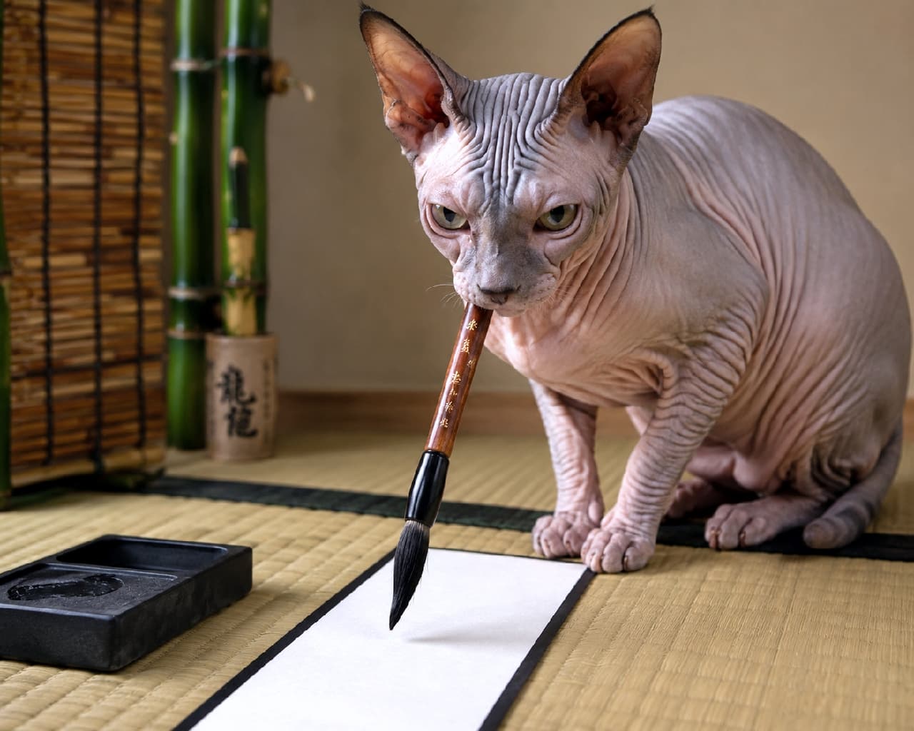 「いざ、お星さまへのお手紙を執筆にゃ！🖌️🐈💨 達筆な字で何をお願いするのかな？ スフィンクスちゃんの真剣なお顔がたまらない😂✨ みんなのお願い事も教えてね🎋 #七夕 #スフィンクス猫 #書道猫 #願い事」Ultra-realistic high-quality photograph of a Sphynx cat with its distinctive wrinkled skin and large ears, holding a calligraphy brush in its mouth while sitting on a tatami mat next to an inkstone, looking intensely as if preparing to write on a blank Tanzaku paper. 和室の畳の上。特徴的なシワと大きな耳を持つ無毛の猫、スフィンクスが、墨汁の入った硯の横に置かれた真っ白な短冊に向かって、口に書道用の筆を器用にくわえ、真剣で知的な眼差しでこちらを見つめている、ユーモラスかつ芸術的な写真