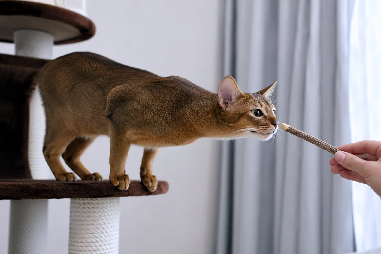 「マタタビの香りに夢中🐾✨キャットタワーから身を乗り出すアビシニアンちゃんの真剣な表情がたまらない!🤎🌿 #アビシニアン #猫のいる暮らし」Ultra-realistic high-quality photograph of an elegant ruddy Abyssinian cat standing on a brown cat tree in a brightly lit room. The cat, showcasing its beautiful ticked coat, large ears, and focused almond eyes, is eagerly stretching its neck forward to sniff a silvervine stick held by a human hand. Soft natural light filters through the window, gently blurring the grey curtains in the background. 柔らかな自然光が差し込む部屋で、ブラウンのキャットタワーの上に立つアビシニアン。アビシニアン特有の毛先に向かって色が濃くなる美しいティカドコート(ルディ)が光を反射し、ピンと立った大きな耳と真剣なアーモンド型の瞳が印象的。目の前に差し出されたマタタビの枝(silvervine stick)の匂いを一生懸命に嗅ごうと、しなやかな体を使って首を長く前へ乗り出している、臨場感あふれる高画質な写真。背景にはグレーのカーテンがボケて映っている