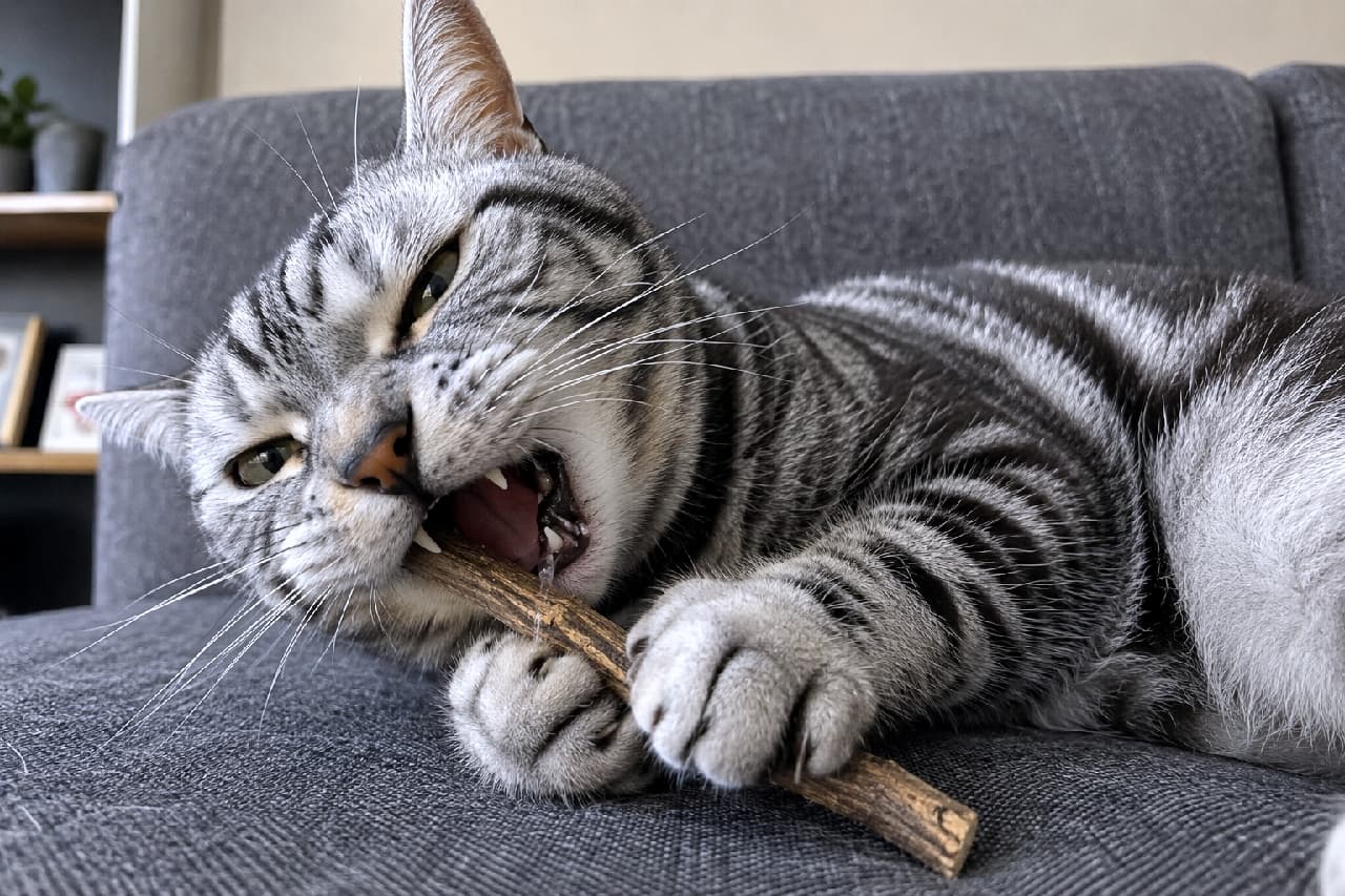 「ガブガブガブッ!😼🪵 ワイルドな本能が全開のアメショくんにドキドキしちゃう❤️ #アメリカンショートヘア #アメショ #猫のいる幸せ」Ultra-realistic high-quality photograph of an American Shorthair (silver tabby) cat fiercely biting a silvervine stick on a gray fabric sofa. The cat firmly holds the stick with both front paws, showing its fangs, an intense gaze, and a hint of drool, revealing a wild instinct. Its beautiful silver swirl patterns are sharply captured. グレーのファブリックソファの上で、両前足でマタタビの木をがっちりとホールドし、ワイルドにガジガジと噛み付いているアメリカンショートヘア(シルバータビー)。鋭い目つきと剥き出しになった牙、そして少し滲むよだれが、野性的な本能を呼び覚まされたかのような迫力を生んでいます。美しい渦巻き模様の被毛がクリアに描写されています