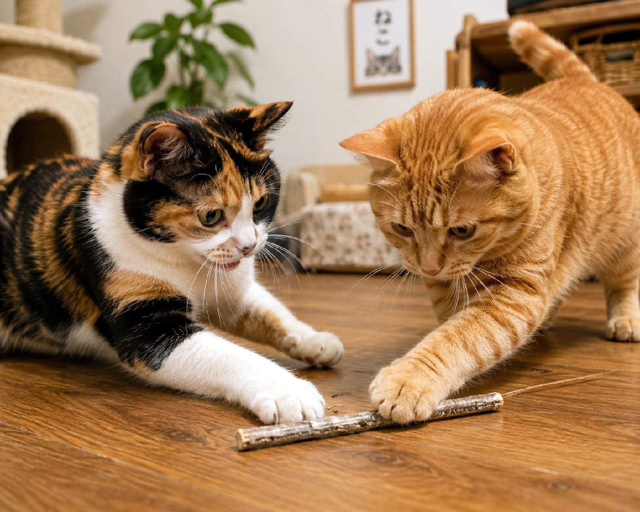 「1本のマタタビを巡る熱き戦いが開幕!🔥 三毛猫ちゃんと茶トラちゃんの真剣勝負、どっちが勝つかな?🐈🐈🐾 #三毛猫 #茶トラ #多頭飼い」Ultra-realistic high-quality photograph of two cats, a calico and an orange tabby, intensely playing and reaching for a single silvervine stick on a wooden floor in a cozy living room. リビングのフローリングで、1本のマタタビの枝をめぐって遊ぶ2匹の猫。左には真剣な眼差しの三毛猫(トーティ&ホワイト)が前足を伸ばし、右からは茶トラ猫が身を乗り出して枝にタッチしているダイナミックな瞬間。背景にはミニソファや「ねこ」のポスターが見えます