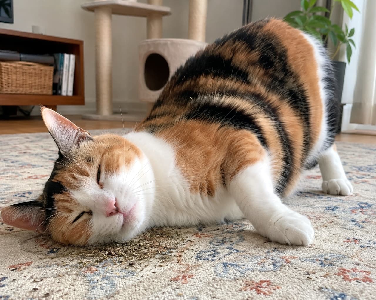 「あぁ〜、そこそこ…マタタビ最高にゃ🤤🌿 とろけきったお顔を見てるだけで癒されちゃいます💕 #三毛猫 #リラックスタイム #猫のいる生活」Ultra-realistic high-quality photograph of a calico cat rubbing its face in silvervine powder on a vintage-patterned rug with an ecstatic expression. The cat has its eyes narrowed, pink nose close to the floor, and body twisted in pure relaxation. A cat tree and houseplant in the background create a comfortable indoor setting. ヴィンテージ調の柄物ラグに撒かれたマタタビの粉に、顔を擦り付けて恍惚とした表情を浮かべる三毛猫。目を細めてピンクのお鼻を近づけ、体をくねらせて完全にリラックスしきったポーズをとっています。背景にはキャットタワーと観葉植物が配置され、猫にとって快適な室内環境が演出されています