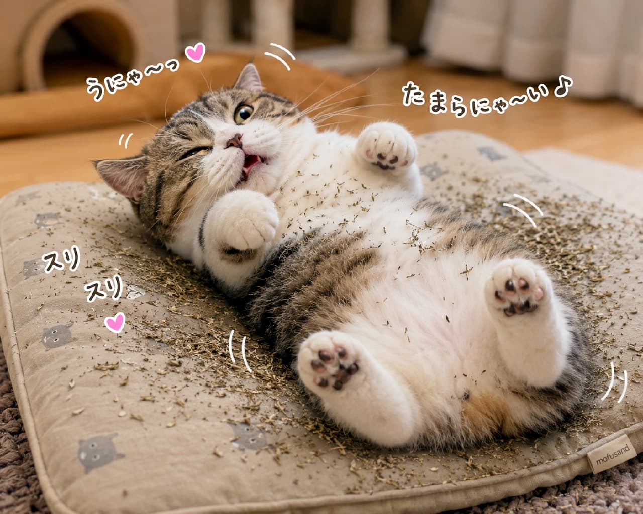 「またたびパーティー開催中🎉✨ 粉まみれになってスリスリ・ゴロゴロ…🤣💕 #またたびハイ #猫のいる暮らし」Ultra-realistic high-quality photograph of a chubby brown tabby and white Munchkin cat rolling ecstatically on a cushion covered in silvervine powder, showing a humorous, blissful expression with its paws curled, accompanied by cute Japanese text overlays. またたびの乾燥葉や粉末がたっぷりと撒かれたベージュの座布団の上で仰向けになり、「うにゃ〜っ」「たまらにゃ〜い♪」といった手書き風テキストと共に喜びを爆発させて身悶えする、ふっくらとしたキジ白マンチカン猫。「スリスリ」とすり寄るように曲げた両手足、半目になった恍惚の表情、そして周囲に飛び散る粉のディテールがユーモラスに捉えられています