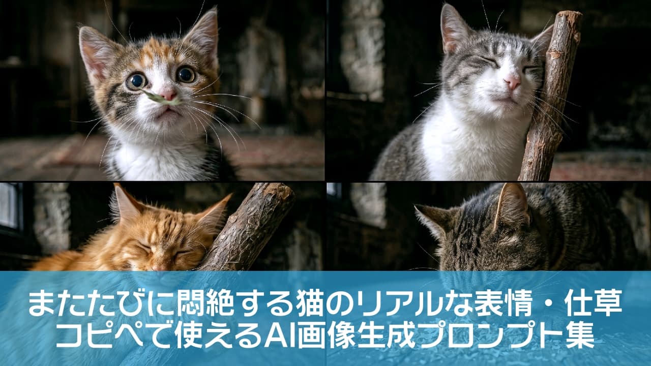 「またたびの魔法にかかった4にゃんずが大集合！パウダー、枝、葉っぱ…あなたはどの反応が一番好きですか？🌱🥰 #猫のいる暮らし #またたび」Ultra-realistic high-quality photograph featuring a four-panel grid of different cats reacting to silvervine in a rustic wooden room. Top-left: a wide-eyed calico tabby kitten with a small leaf near its nose. Top-right: a domestic shorthair tabby and white cat blissfully rubbing its cheek against a thick stick. Bottom-left: a long-haired ginger cat (Maine Coon style) hugging a large branch with both paws and eyes closed. Bottom-right: a brown tabby cat intensely sniffing a pile of silvervine shavings on a vintage wooden floor. Dramatic natural lighting beautifully highlights their rich fur textures and expressions. 4つの異なるまたたびの反応シーンを収めた超高画質マルチフォト。左上は鼻先にまたたびの葉を近づけて大きな丸い瞳を見開くキジ三毛の子猫（ミックス）。右上は目を細めて太いまたたびの枝に頭を優しく擦り付けるキジ白猫。左下は目を閉じ長毛の美しい被毛を持つ茶トラの大型猫（メインクーン風）が太い丸太を両前足で抱きしめてスリスリする姿。右下はヴィンテージな木製の床に散らばるまたたびの木屑（削り節状）に顔を埋めて匂いを嗅ぐキジトラ猫。全体にシックな木造の薄暗い室内の背景と、猫たちの立体的な毛並みを際立たせるドラマチックな自然光のニュアンスが美しく描写されています
