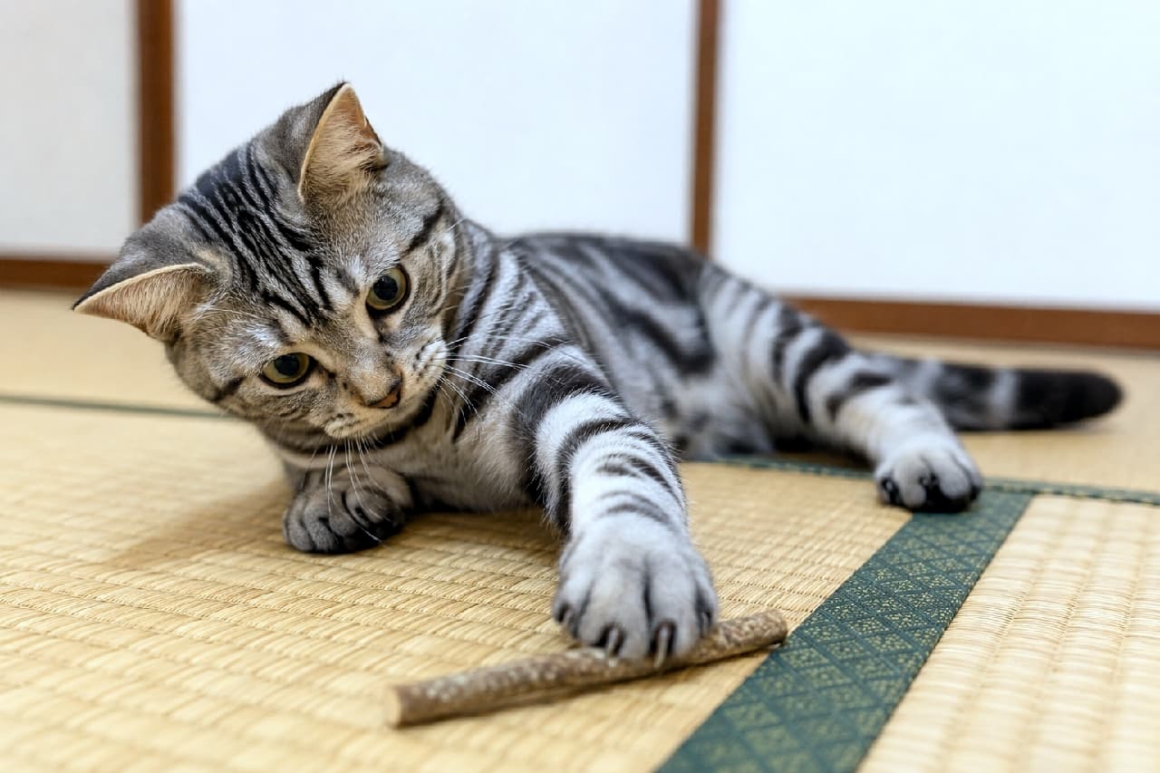 「畳の上でマタタビの枝にロックオン!👀 獲物を狙うような真剣な眼差しと、ちょっと出た爪がカッコいいサバトラちゃんです🐾 #サバトラ #和室と猫 #ハンターの目 #猫の日常」Ultra-realistic high-quality photograph of a mackerel tabby cat, lying on tatami mats in a Japanese room, intensely reaching out its paw with extended claws to grab a silvervine stick. 障子のある落ち着いた和室の畳の上で、目の前にあるマタタビの木に狙いを定めて前足を伸ばすサバトラ猫。少しだけ爪を出して獲物を狙う真剣な瞳が印象的な瞬間