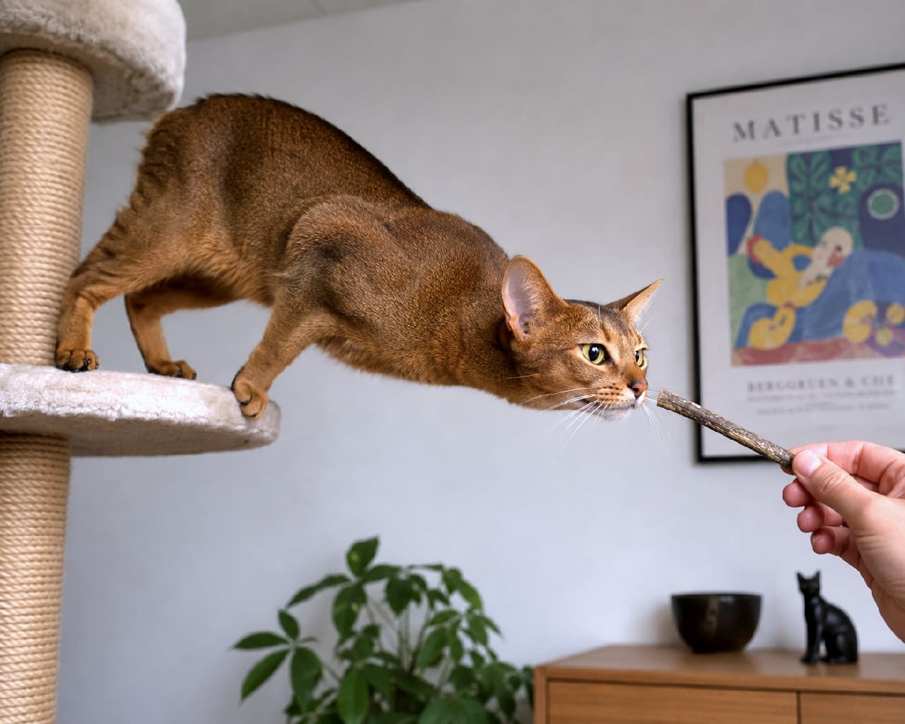 「おやつへの執念がすごいっ😹💥 キャットタワーから落ちるギリギリまで身を乗り出すアビシニアンちゃん🐾 #猫のいる暮らし #アビシニアン」Ultra-realistic high-quality photograph of a ruddy Abyssinian cat leaning out from a cat tree to sniff a silvervine stick held by a human hand. While the golden eyes and ticked coat are exquisitely detailed, the image features an unnatural AI artifact where one front paw is completely missing. A Matisse poster, green plant, and black cat figurine decorate the background. 明るいグレーの壁を背に、ベージュのキャットタワーから大きく身を乗り出して人間の持つマタタビの木を嗅ぐルディカラーのアビシニアン。黄金色の瞳とticked tabby（ティクトタビー）の細やかな毛並みが美しく光を反射しているが、身体を支えるべきもう片方の前足が描写されておらず不自然な状態になっている。背景にはマティスのポスター、観葉植物、黒い猫の置物があるハイセンスな空間