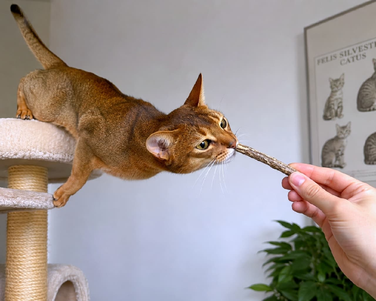 「おやつに全集中👀✨ 匂いチェックに余念がないアビシニアンちゃん、後ろの猫ポスターも気になっちゃう？🐾 #おやつタイム #猫好きさんと繋がりたい #にゃんすたぐらむ #猫のいる暮らし #アビシニアン」Ultra-realistic high-quality photograph of an Abyssinian cat leaning closely to touch its nose to a silvervine stick. Features highly realistic whiskers and amber eyes, backed by a vintage cat chart poster, though it suffers from an unnatural missing front paw, typical of structural AI artifacts. 白いキャットタワーから身を乗り出し、人間の持つマタタビの木に鼻先をぴったりとくっつけるアビシニアン。ピンと張った白いヒゲや琥珀色の瞳のリアリティが素晴らしいが、タワーの縁を掴むべき前足が一本しかなく、解剖学的に不自然な構図となっている。背景には猫の品種を描いたアンティーク調のポスター（FELIS SILVESTRIS CATUS）が飾られている