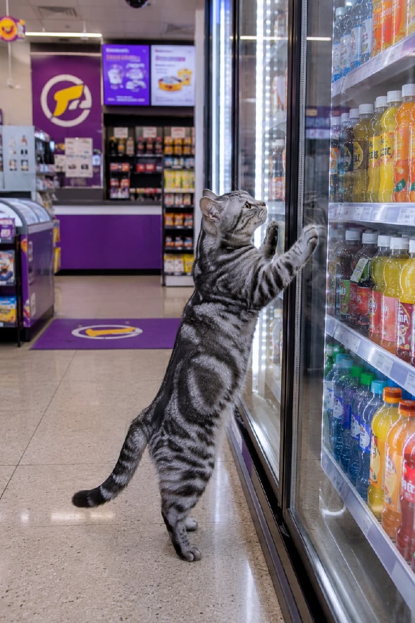 「立ち上がってまで見たいのは…まさかち〇〜る?🐈⬛✨ コンビニで一番真剣なアメショちゃん!」Ultra-realistic high-quality photograph of an American Shorthair cat standing on its hind legs inside a convenience store, paws up against the glass of a refrigerated display case filled with drinks, looking intently. Purple branding visible in background. コンビニの店内で、立ち上がってガラス張りの冷蔵庫に前足をかけるアメリカンショートヘア(シルバータビー)。冷たい飲み物を真剣に見つめている。背景には紫色のブランドロゴと陳列棚