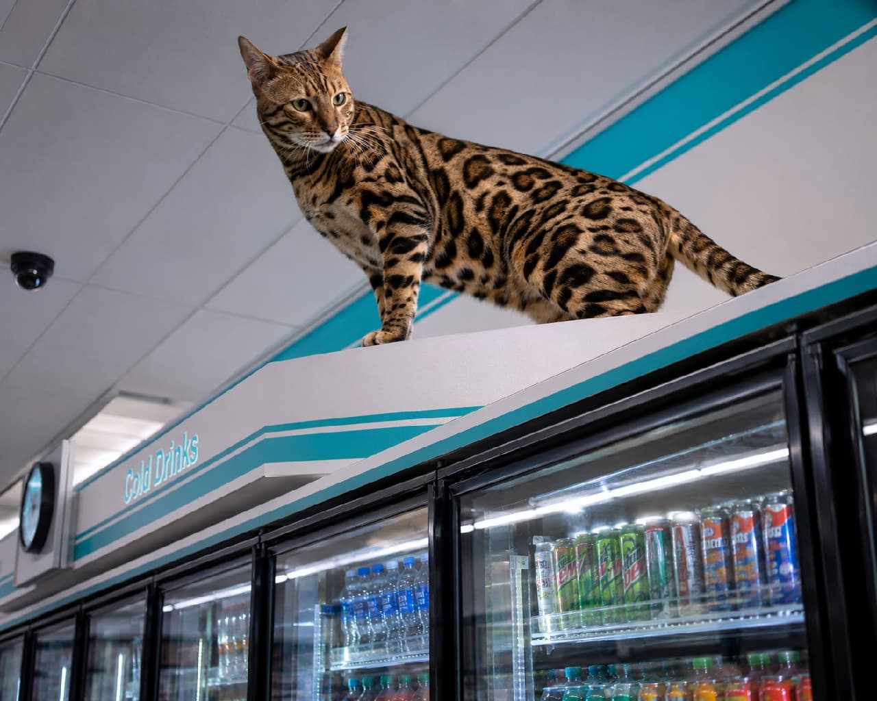 「「ここが冷たいって知ってる?」🧊🐈 ベンガルちゃん、冷蔵庫の上でキメ顔で」Ultra-realistic high-quality photograph of a Bengal cat standing on top of a convenience store cold drink cooler. It is looking down at the cans and bottles of beverages inside. The "Cold Drinks" sign is visible. コンビニのドリンク用冷蔵庫(Cold Drinksサイン)の上に立ち、下を見下ろすベンガル。冷蔵庫には多くの缶やボトル飲料が並んでいる