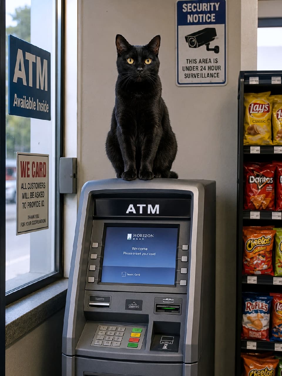 「ご利用ありがとうございます🐾 って、そこセキュリティチェック不要です!🐈⬛💰 賢すぎる黒猫ATMガードマン」Ultra-realistic high-quality photograph of a black cat with yellow eyes perched atop an ATM inside a convenience store. Signs for the ATM and an open snacks display are in the background. コンビニ内のATMの上に鎮座し、カメラを見つめる黄緑色の目の黒猫。窓にはATMの案内サイン、背景にはスナック菓子の棚が見える