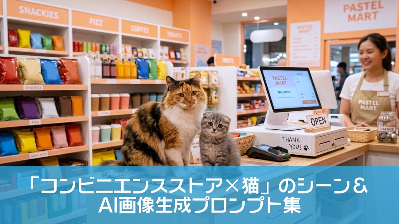 「いらっしゃいませニャ！🐾💕 PASTEL MARTの頼れるベテラン店長と可愛い新人アルバイトがお出迎え🛒✨ #コンビニ猫 #看板猫」An ultra-realistic high-quality photograph of two adorable cats sitting together on the counter of a brightly lit convenience store named "PASTEL MART," as if managing the shop. On the left, a majestic long-haired calico cat sits on a small patterned mat, while on the right, a cute blue tabby Scottish Fold kitten with folded ears sits closely beside it. The background features colorful snack shelves, a modern cash register, and a smiling clerk, creating a warm and friendly atmosphere. 明るくポップな「PASTEL MART」のレジカウンターで、店番をするように並んでお座りする2匹の猫。左には豊かな被毛を持つ風格ある長毛の三毛猫がマットの上に座り、右には丸い瞳と折れ耳が愛らしいブルータビーのスコティッシュフォールドの子猫がちょこんと寄り添っています。背景には色鮮やかなスナック棚、レジスター、そして笑顔で見守る店員さんが配置され、温かく親密な雰囲気を演出しています