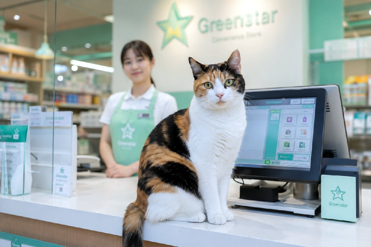 「いらっしゃいませ!って、まさかの猫店員さん?!🐈💕 1ポイント、いや全ポイント差し上げます!」Ultra-realistic high-quality photograph of a calico (tricolor) cat sitting on a convenience store register counter. A blurry clerk in a green apron and a POS terminal are beside the cat. The store logo is a green star. コンビニ「Greenstar」のレジカウンターで、真剣な眼差しで座るキャリコ(三毛猫)。緑色のエプロンを着た店員と、タッチパネル式のレジ端末が横にある