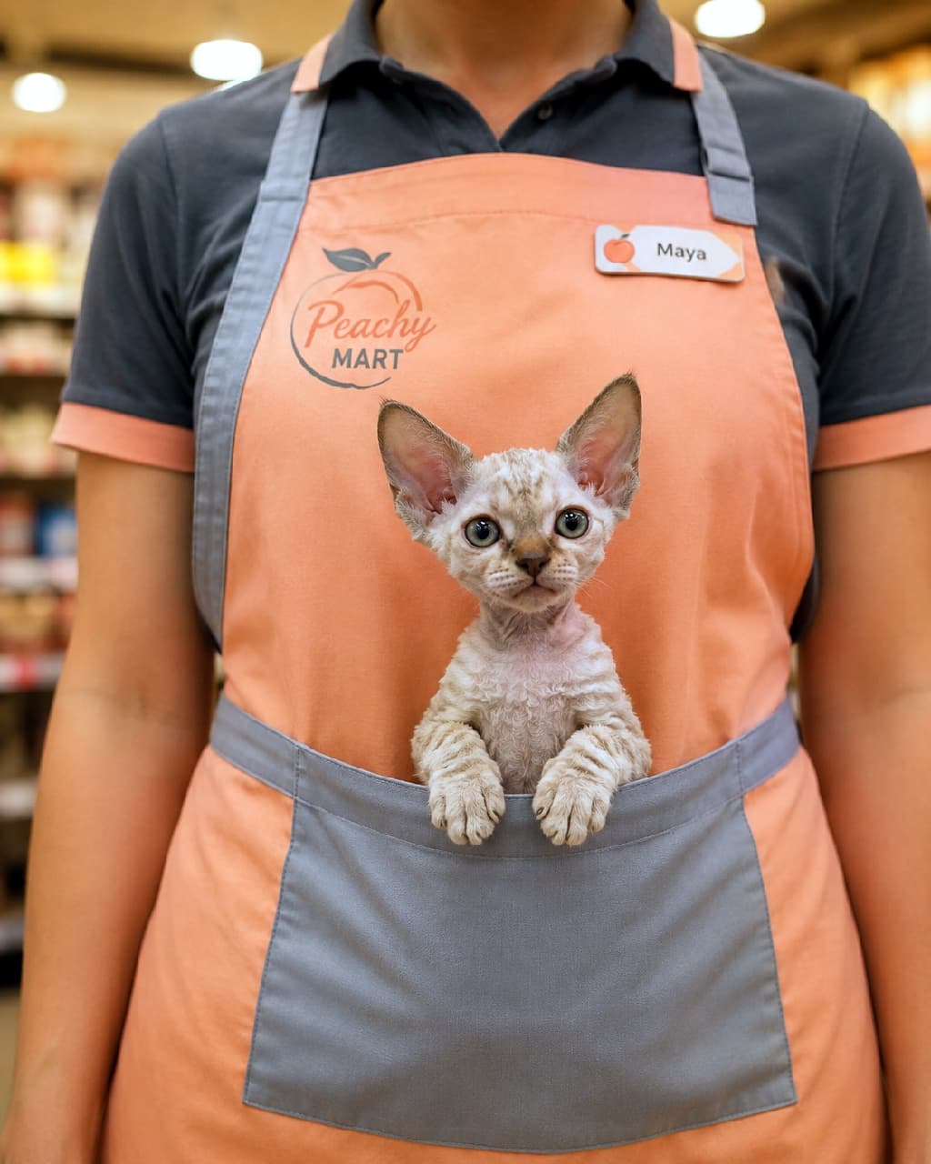 「ポケットサイズの新人スタッフ登場🔰🐾 こんな可愛い店員さんがいたら毎日通っちゃうかも!?🛒🧡 #コンビニ猫 #看板娘」An ultra-realistic high-quality photograph of a Devon Rex kitten peeking its head and front paws out of the pocket of a store clerk's orange apron bearing the "Peachy MART" logo. The kitten's distinctive large ears, wavy light tabby coat, and large almond-shaped eyes radiate warmth under the soft store lighting. スーパーの店員のオレンジ色のエプロン(Peachy MARTロゴ入り)のポケットから、ちょこんと顔と前足を出しているデボンレックスの子猫。特徴的な大きな耳とウェーブのかかった薄いタビーの被毛、大きなアーモンド型の瞳が、店内の柔らかな照明の中で温かみを帯びている