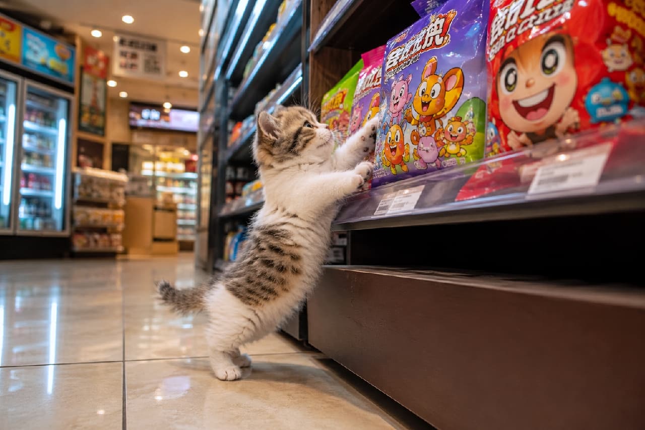 「どれにしようかな〜?🐾 短いお手々を一生懸命伸ばす姿が愛おしすぎるお買い物タイム🛍️💖 #コンビニ猫 #おやつ選び」An ultra-realistic high-quality photograph of a cute brown tabby-and-white Munchkin kitten standing on its short hind legs on a shiny tiled floor, reaching eagerly with its short front paws towards colorful snack packages on a store shelf. The bright store lighting illuminates the kitten's fluffy fur and curious profile against the lively background of refrigerated cases. 光沢のあるタイルの床に短い後ろ足で立ち、お菓子棚のカラフルなパッケージに短い前足を一生懸命に伸ばすキジ白のマンチカンの子猫。明るい店内の照明が猫のふわふわの被毛と好奇心旺盛な横顔を照らし出し、背景には冷蔵ケースが広がる活気ある情景