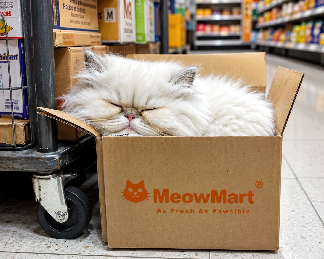 「新鮮な猫ちゃん、入荷しましたニャ🛒✨ 箱にジャストフィットで爆睡中のモフモフ天使にキュン☁️💕 #コンビニ猫 #箱入り娘」An ultra-realistic high-quality photograph of a fluffy white Persian cat sleeping peacefully with its eyes closed inside a cardboard box bearing the "MeowMart" logo, placed on a wheeled cart in a store aisle. The cat's rich, long fur spills over the edges, and its cute pink nose stands out against the beautifully blurred background shelves. スーパーの通路に置かれたキャスター付き台車の上で、「MeowMart」のロゴ入り段ボール箱にすっぽり収まり目を閉じて眠るペルシャ猫。純白で豊かな長毛が箱の縁から溢れ出し、ピンク色の小さな鼻が愛らしい。背景の陳列棚は奥行きを持たせて美しくぼかされている