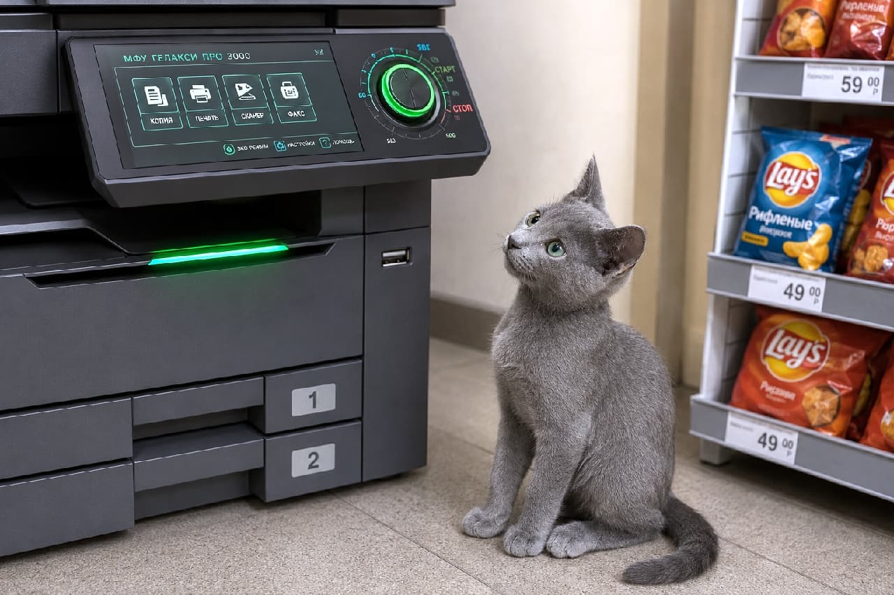 「このピカピカ光る機械はニャンだ?🤔🖨️ コピー機に興味津々な小さな好奇心にキュンとする一コマ💚✨ #コンビニ猫 #初めてのコピー機」An ultra-realistic high-quality photograph of a Russian Blue kitten sitting neatly in front of a convenience store multi-copier, looking up curiously at a glowing green light on the machine. Its smooth, beautiful blue-grey coat and emerald green eyes stand out vividly against the cool mechanical light and the everyday backdrop of a snack shelf. コンビニのマルチコピー機の前にちょこんとお座りし、緑色に発光するランプ部分を不思議そうに見上げるロシアンブルーの子猫。滑らかで美しいブルーグレーの被毛とエメラルドグリーンの瞳が、機械的な冷たい光とスナック菓子棚の日常感の中で際立っている