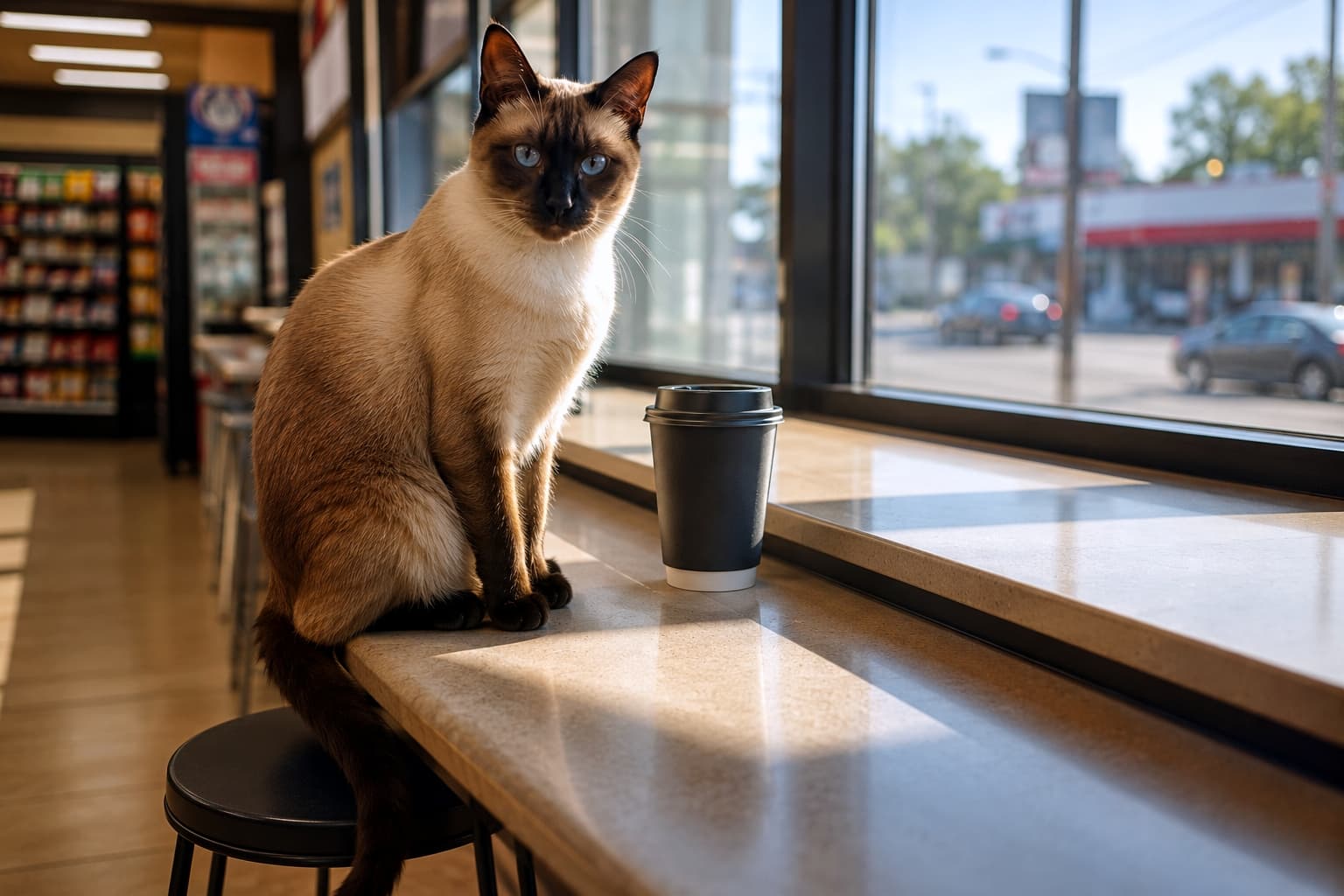 「コンビニで優雅なカフェタイム☕️🐈 シャムちゃんのブルーの瞳に、今日のコーヒーは何味?」Ultra-realistic high-quality photograph of a Siamese cat sitting on a stool at a convenience store counter window. A black lidded coffee cup is beside the cat. The street scene outside is visible through the window. コンビニの窓辺にあるカウンター席で、スツールに座るシャム。横には黒い蓋付きのコーヒーカップがある。窓の外には街の風景が見える