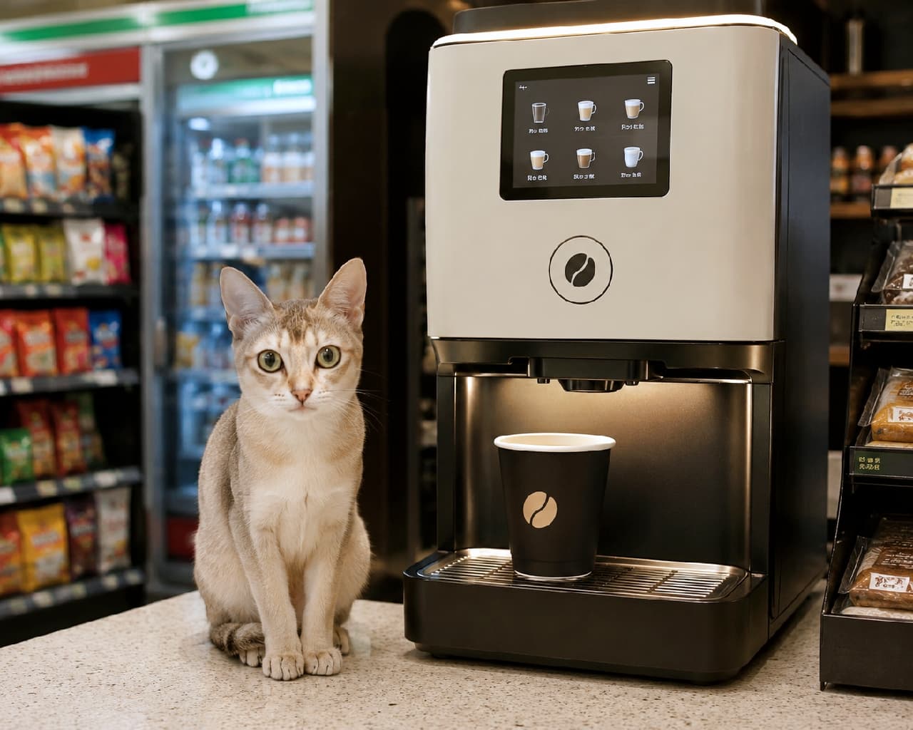 「コーヒーとシンガプーラ、どちらが上品?☕️🐈 コンビニのカフェカウンターで一息」Ultra-realistic high-quality photograph of a Singapura cat sitting on a stool at a convenience store coffee station. A full-service coffee machine and a coffee cup are beside it. コンビニのカフェカウンターで、スツールに座りカメラを見つめる成猫のシンガプーラ。隣には全自動コーヒーマシンと、コーヒーカップが並んでいる