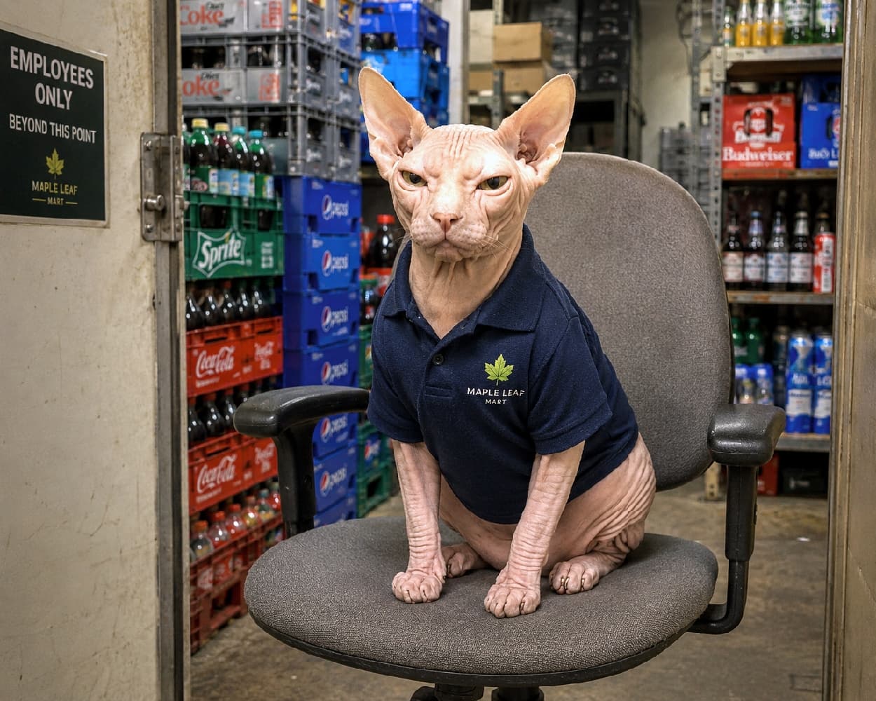 「休憩中ですか?☕️🐈 スフィンクス店長、風格がありすぎます!Maple Leaf Martの頼れる存在🐾」Ultra-realistic high-quality photograph of a Sphynx cat inside a convenience store stockroom, wearing a navy blue "Maple Leaf Mart" polo shirt, sitting on an office chair. Cases of drinks are in the background. コンビニ「Maple Leaf Mart」のストックルームで、店のロゴ入り紺色のポロシャツを着てオフィスチェアに座るスフィンクス。背景には飲料ケースが積まれている