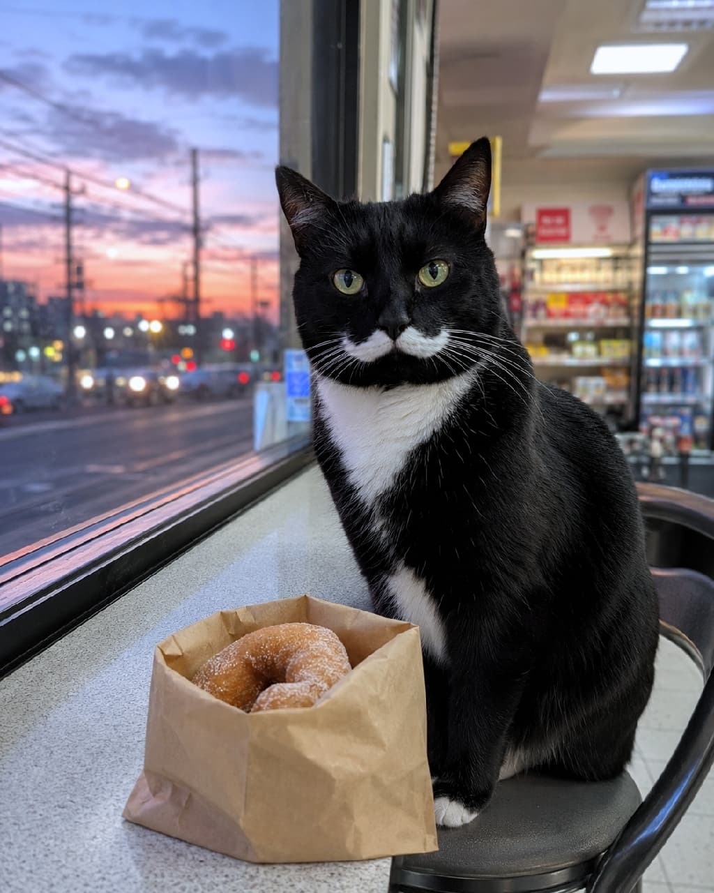 「夕焼けを見ながらドーナツ、いいにゃ🍩🌅🐈 タキシードちゃん、一緒に食べない?」Ultra-realistic high-quality photograph of a tuxedo cat sitting on a stool at a convenience store counter window. A donut in a brown paper bag is beside it. The sunset is visible outside the window. コンビニの窓辺のカウンター席で、スツールに座るタキシード。横には紙袋に入ったドーナツがある。窓の外には美しい夕焼けが見える