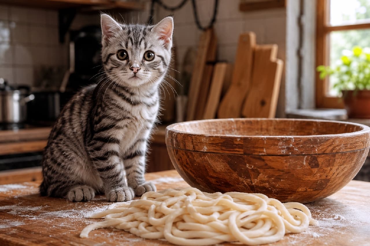 「今日のお昼は手打ちうどんニャ🐾 鼻に粉がついてる小さな職人さんが可愛すぎます👨🍳🍜 #手打ちうどん #アメショ #猫のいる暮らし」Ultra-realistic high-quality photograph of an American Shorthair silver tabby kitten sitting on a flour-dusted wooden table next to fresh, thick udon noodles and a large wooden kneading bowl. The kitten has a cute speck of flour on its nose and a charming expression, captured in the warm, inviting light of a rustic kitchen. 打ち粉が舞う木のテーブルで、打ち立ての太いうどんと大きな木製のこね鉢の横にちょこんとお座りするアメリカンショートヘア(シルバークラシックタビー)の子猫。鼻先にちょっぴり小麦粉をつけて、カメラをじっと見つめる愛嬌たっぷりの表情を見せています。温かみのある厨房の光がアットホームな雰囲気を演出