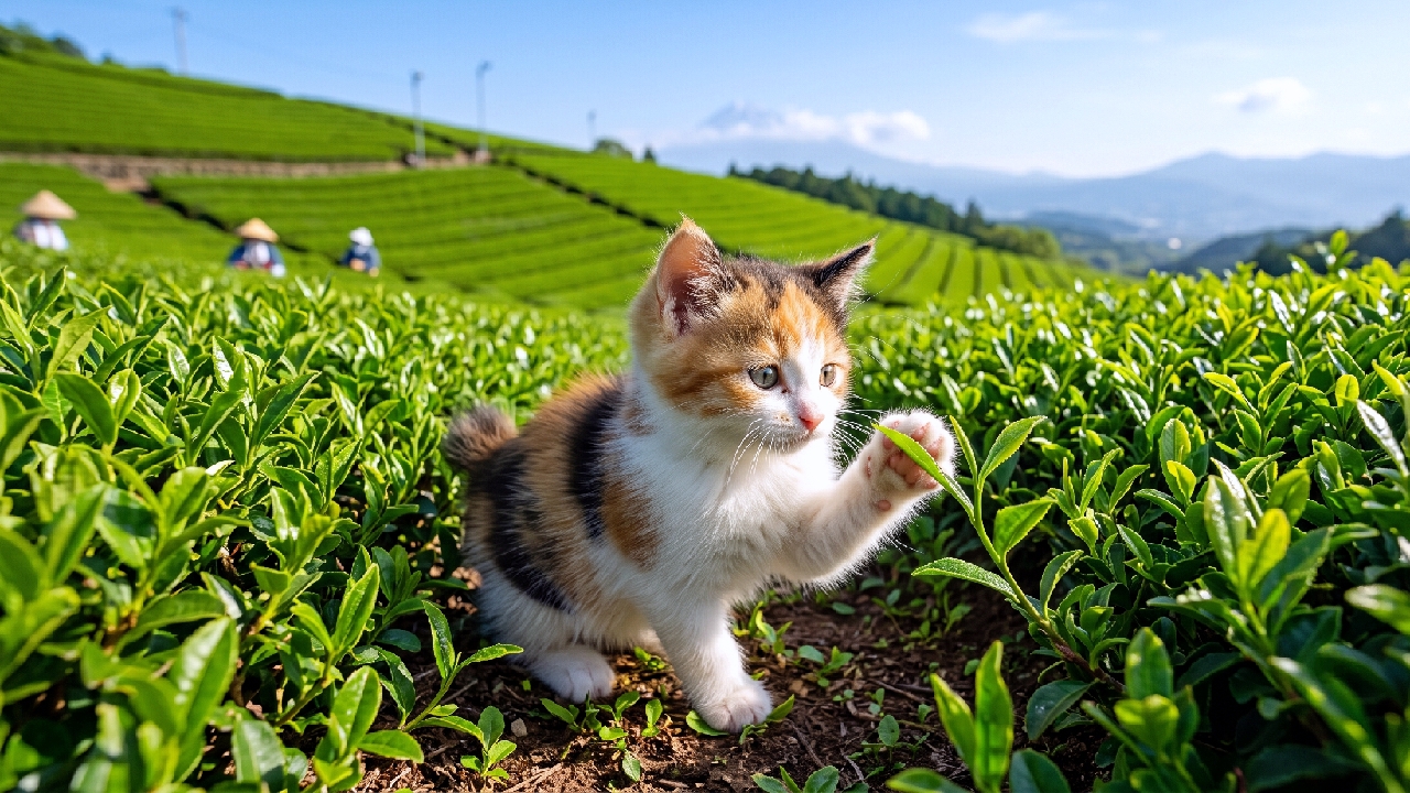 「新茶の季節がやってきたニャ🍃🐾 この葉っぱ、とってもいい香りがするよ!富士山も見えて絶景だね🗻🐈✨ #茶畑 #三毛猫」Ultra-realistic high-quality photograph of a curious calico kitten gently touching fresh green tea leaves with its paw in a vibrant, sunlit tea plantation. The bright sunlight highlights the kitten's fluffy tri-color coat, while tea pickers working and a faint, majestic view of Mount Fuji in the background complete the idyllic Japanese summer landscape. 雲ひとつない青空の下、緑鮮やかな茶畑で新芽にそっと前足を伸ばす三毛猫の子猫。白、明るい茶色、黒のふかふかとした柔らかい被毛と、真剣に葉っぱを見つめる透き通った丸い瞳が愛らしい一枚です。背景には菅笠を被って茶摘みをする人々の姿と、遠くに薄らとそびえる富士山が見え、初夏の明るい陽光が茶葉の瑞々しさを美しく際立たせています