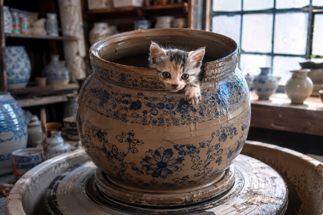「職人さんの手伝いニャ?🐾 染付の壺にすっぽり収まる子猫ちゃんが可愛すぎる🥺🏺✨ #焼き物 #猫のいる暮らし」Ultra-realistic high-quality photograph of a cute calico tabby kitten playfully peeking out of a beautiful blue-and-white painted ceramic pot resting on a pottery wheel. The rustic pottery studio background and soft natural lighting highlight the kitten's fluffy fur and the glossy texture of the traditional ceramics. ろくろの上に置かれた美しい青と白の染付の大きな壺から、顔と小さな前足をちょこんと出している三毛トラ模様(キジ三毛)の子猫。好奇心旺盛な丸い瞳が印象的です。背景には様々な陶磁器が並ぶ風情ある工房が広がり、窓からの柔らかな自然光が、猫のふわふわの毛並みと陶器の艶やかな質感を美しく照らし出しています