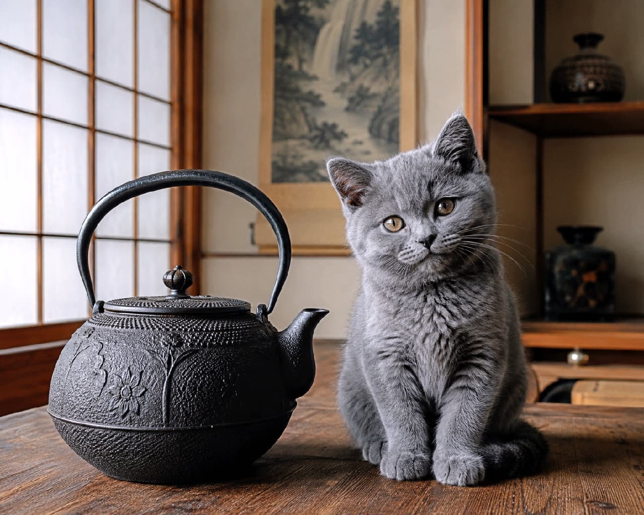 「趣のある和室で、美味しいお茶を淹れるニャ🍵🐾 鉄瓶と猫ちゃんの組み合わせ、渋くて素敵でしょ?🐈⬛✨ #南部鉄器 #シャルトリュー #子猫のいる生活」Ultra-realistic high-quality photograph of a Chartreux kitten sitting politely next to a beautifully decorated traditional Japanese cast iron teapot (tetsubin) on a wooden table. The soft light filtering through shoji screens in the tatami room highlights the kitten's plush blue-grey coat. 障子から柔らかな光が差し込む伝統的な和室で、重厚な装飾が施された黒い南部鉄器の鉄瓶の隣にお行儀よく座るシャルトリューの子猫。美しいブルーグレーのベルベットのような被毛と、丸いカッパー(銅色)の瞳が、日本の伝統美と見事に調和しています
