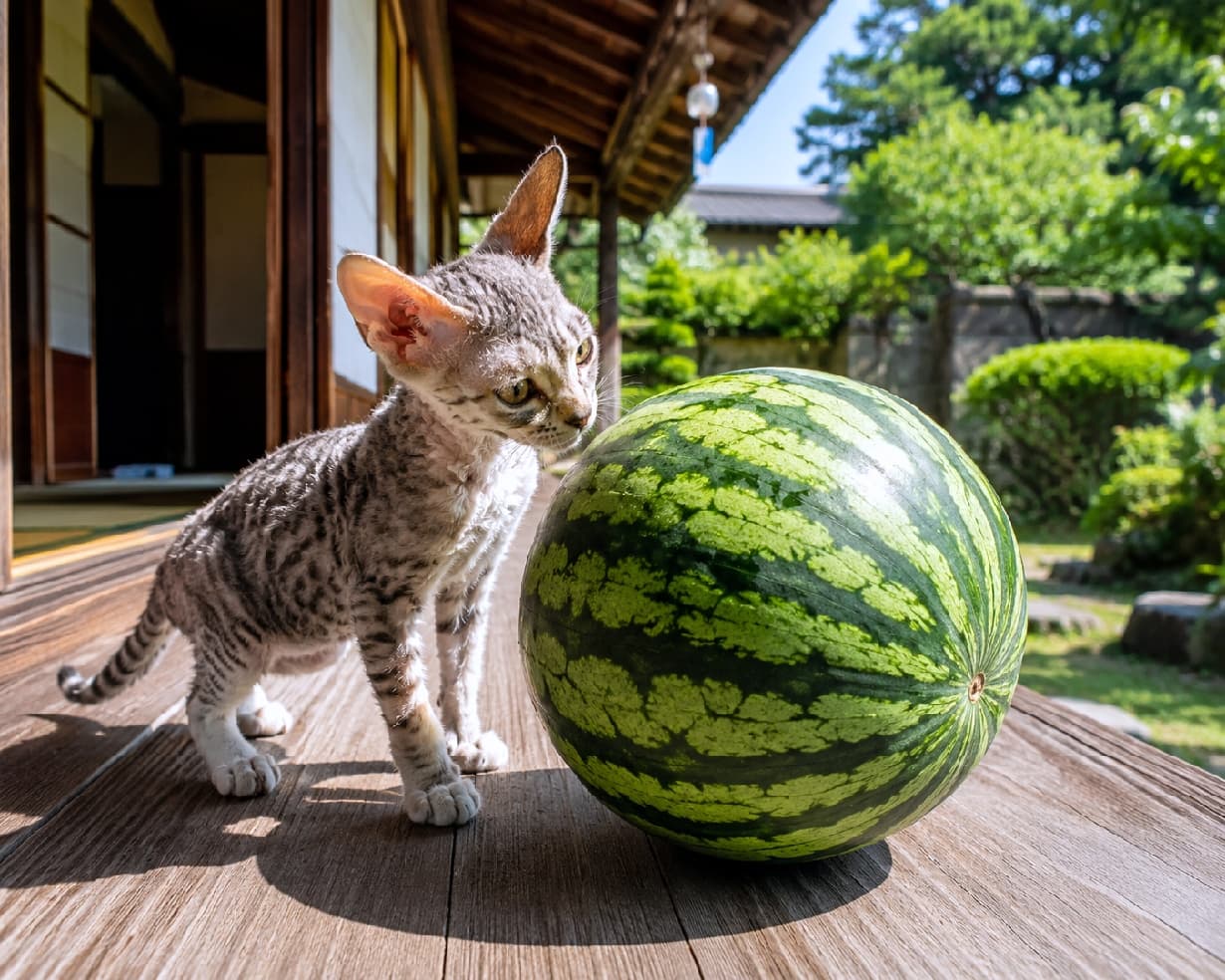「なにこれ!すっごく大きいニャー🍉🐾 夏の縁側で、初めてのスイカにドキドキワクワク🐈☀️ #日本の夏 #デボンレックス #子猫のいる生活」Ultra-realistic high-quality photograph of a curious Devon Rex kitten with large ears and curly fur examining a massive, whole striped watermelon on the wooden engawa (veranda) of a traditional Japanese house. The lush green summer garden in the background evokes a refreshing, nostalgic summer vibe. 晴れ渡る夏の午後、日本の伝統的な家屋の木の縁側で、立派な縞模様の大きなスイカを不思議そうにのぞき込むデボンレックスの子猫。大きな耳とウェーブのかかった被毛が特徴的で、背景に広がる手入れの行き届いた日本庭園の緑が、日本の豊かな夏の情景を爽やかに描き出しています