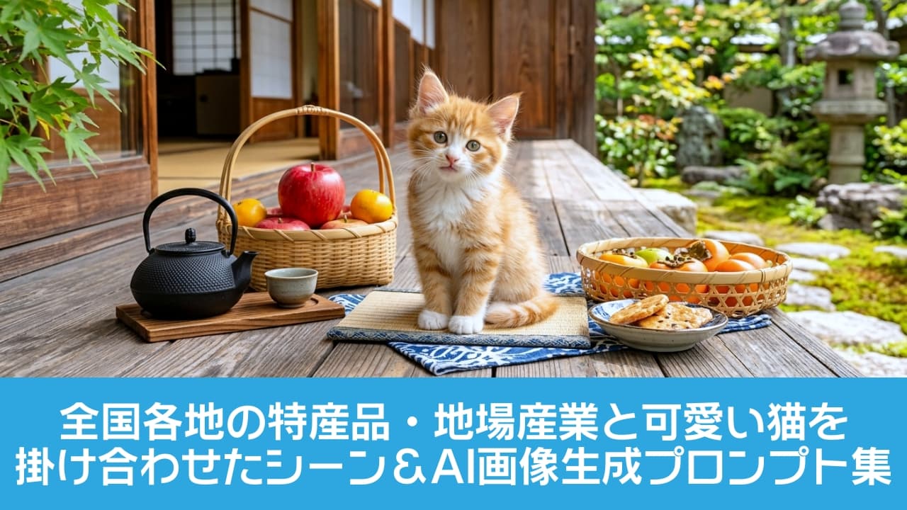「縁側でちょっと一息、お茶の時間ニャ🍵🍁 りんごに柿におせんべい…美味しそうな秋の味覚がいっぱいで迷っちゃうニャ〜！🤤🐾 #縁側猫 #秋の味覚 #猫のいる暮らし」Ultra-realistic high-quality photograph of a fluffy ginger and white tabby kitten sitting on a miniature tatami mat on a wooden engawa veranda of a traditional Japanese house. The cute kitten with round, curious eyes is surrounded by autumn specialties: a black cast-iron teapot, bamboo baskets overflowing with red apples, mandarins, and ripe persimmons, and a small plate of traditional rice crackers. The background features a serene Japanese garden with a stone lantern, bathed in warm, soft sunlight. 伝統的な日本家屋の木の縁側（えんがわ）で、ミニ畳の上にちょこんとお座りする、茶トラ白のふわふわな半長毛種（メインクーン風）の子猫。丸く愛らしいハシバミ色の瞳で正面を見つめています。猫の周りには南部鉄器風の黒い鉄瓶と湯呑み、赤々とした完熟りんごやみかんが入った竹かご、柿が盛られた手編みのかご、そして手前には美味しそうなお煎餅の皿が並びます。背景には石灯籠や青々とした苔が美しい日本庭園が広がり、暖かな陽光が差し込む豊かでノスタルジックな情景
