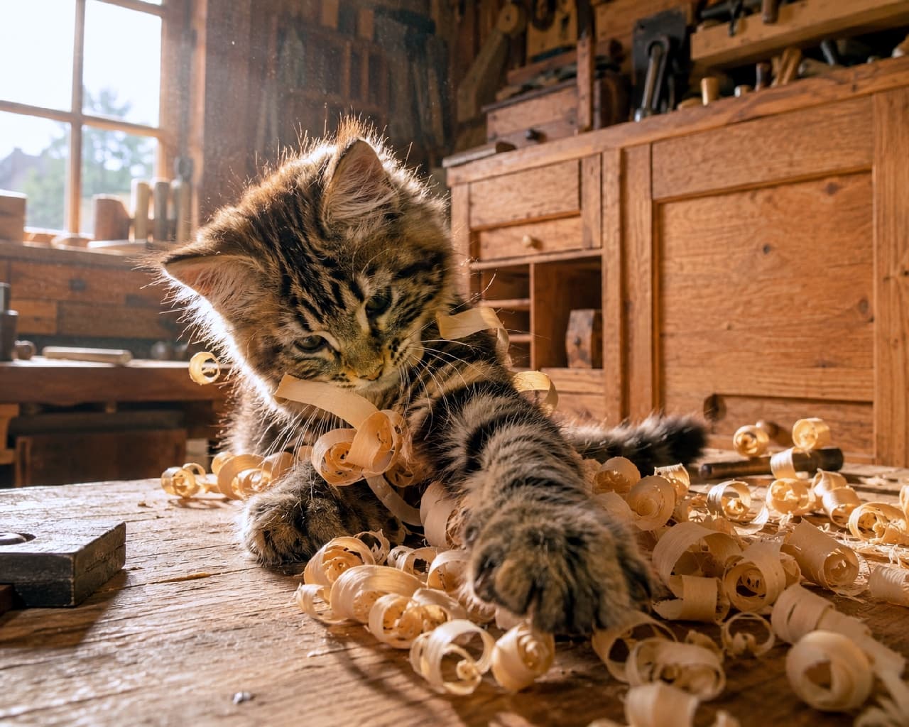 「くるくるの木くず、捕まえたニャ!🐾🪵 木のいい香りに包まれて、お手伝い(お邪魔?)に大忙し🛠️🐈 #木工 #メインクーン #子猫のいる生活」Ultra-realistic high-quality photograph of a fluffy Maine Coon kitten playfully swatting at curled wood shavings on a workbench in a carpentry workshop. Warm sunlight streams through the window, illuminating the flying dust motes and creating a nostalgic, magical atmosphere. 窓から差し込む暖かな陽光に包まれた木工工房の作業台で、くるくると丸まったカンナ屑(削り節のような木くず)に前足を伸ばして無邪気に遊ぶメインクーンの子猫。空中に舞う木屑やホコリが光に反射し、ノスタルジックで温かい情景を作り出しています