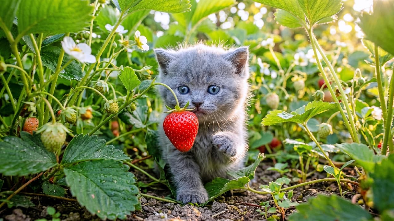 「とっても甘そうなイチゴ、見〜つけたっ🍓🐾 誰にも内緒で味見しちゃおっと🐈🤫 #いちご狩り #ブリティッシュショートヘア #子猫のいる生活」Ultra-realistic high-quality photograph of a fluffy grey British Shorthair kitten gently reaching its paw towards a bright red, ripe strawberry in a sunlit field. The soft morning light, green foliage, and the kitten's focused, adorable expression create a heartwarming and vibrant scene. 朝日が差し込むいちご畑で、緑の葉の隙間から顔を出し、真っ赤に熟した美味しそうなイチゴに小さな前足をそっと伸ばすグレーのブリティッシュショートヘアの子猫。ブルーグレーのふかふかの被毛と、真剣な丸い瞳が愛らしく、土の匂いと果実の甘い香りが漂ってきそうな生命力あふれる一枚