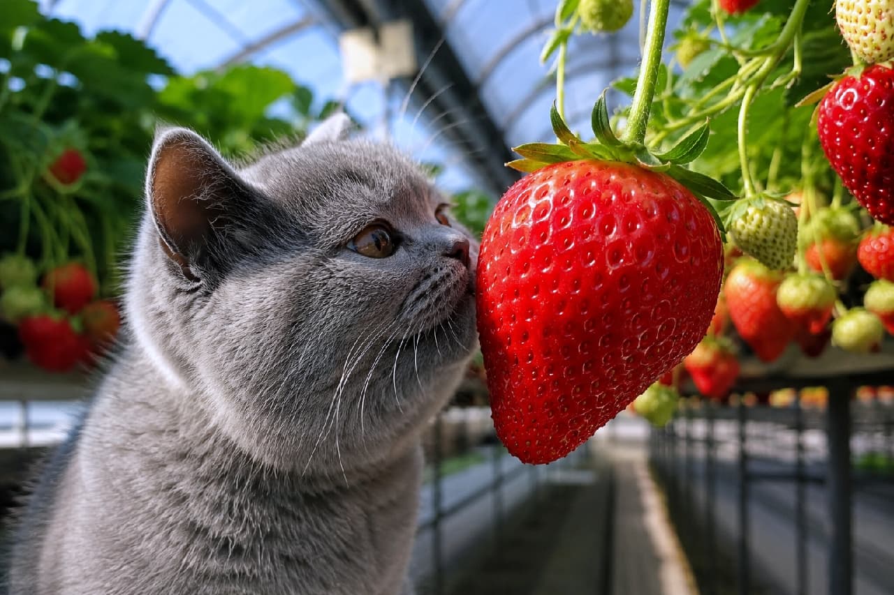 「くんくん…これ、すっごく甘い匂いがするニャ!🍓🐾 採れたていちごの誘惑には勝てません🤤💕 #いちご狩り #猫のいる風景」Ultra-realistic high-quality photograph of a chubby British Shorthair kitten curiously sniffing a giant, bright red, ripe hanging strawberry in a sunny greenhouse. The vivid contrast between the glossy red fruit, green leaves, and the kitten's soft grey fur creates a vibrant composition. 陽の光が降り注ぐ明るいいちごのビニールハウスで、自分のお顔ほどある真っ赤な巨大ないちごの匂いを熱心に嗅ぐぽっちゃりしたグレーのブリティッシュショートヘア子猫。いちごの瑞々しいツヤと、猫ちゃんの真剣な横顔、ふさふさのヒゲが克明に描写されています