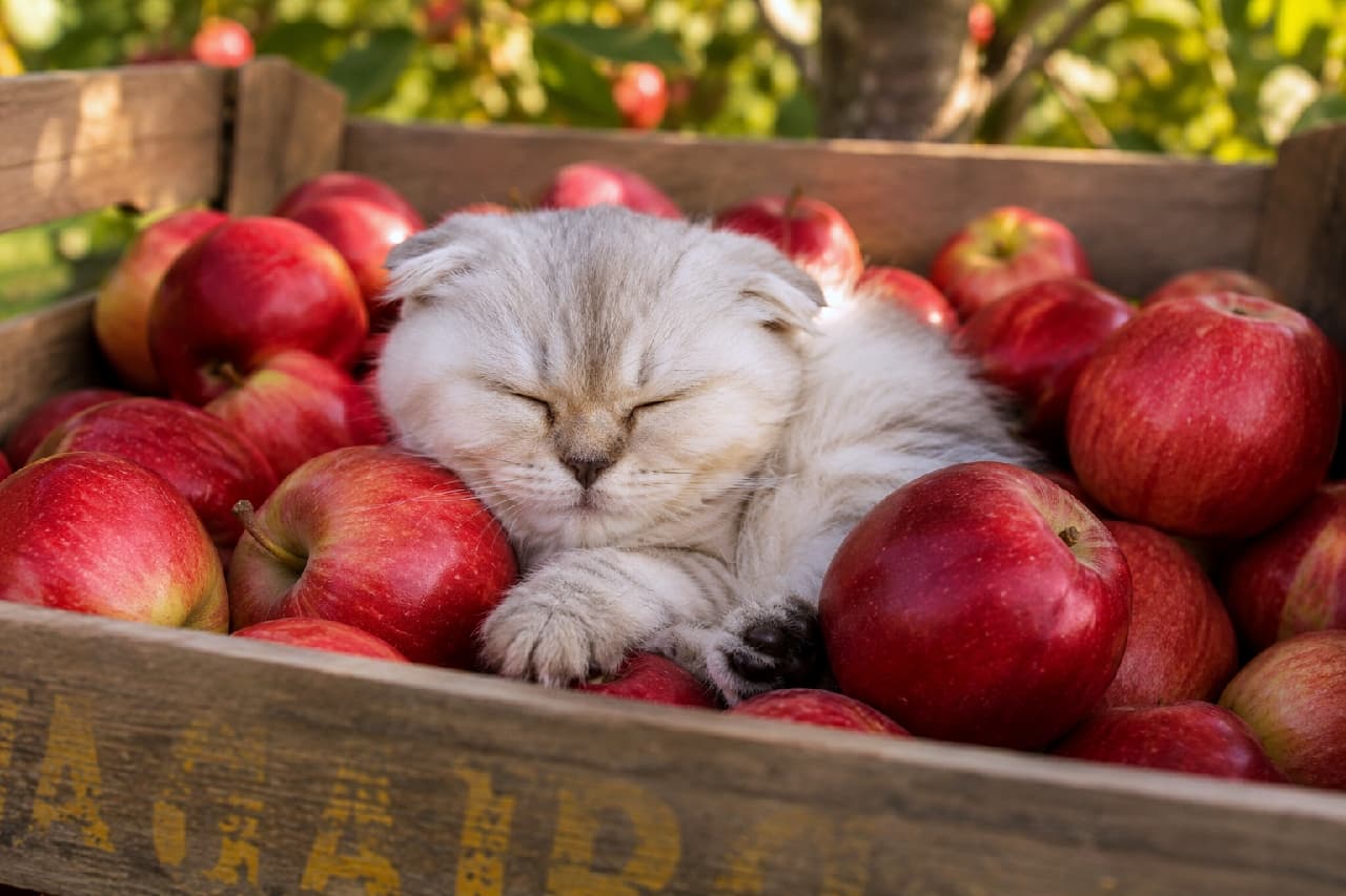 「りんごのベッドで夢の中…🍎💤 甘い香りに包まれて、どんな夢を見ているのかな?🐈🌳 #りんご農園 #スコティッシュフォールド」Ultra-realistic high-quality photograph of a silver tabby Scottish Fold kitten sleeping peacefully inside a rustic wooden crate filled with bright red apples. The warm sunlight filtering through the orchard leaves creates a serene atmosphere, emphasizing the beautiful contrast between the vibrant red apples and the kitten's soft grey fur. りんごのベッドで夢の中…🍎💤 甘い香りに包まれて、どんな夢を見ているのかな?🐈🌳 #りんご農園 #スコティッシュフォールド