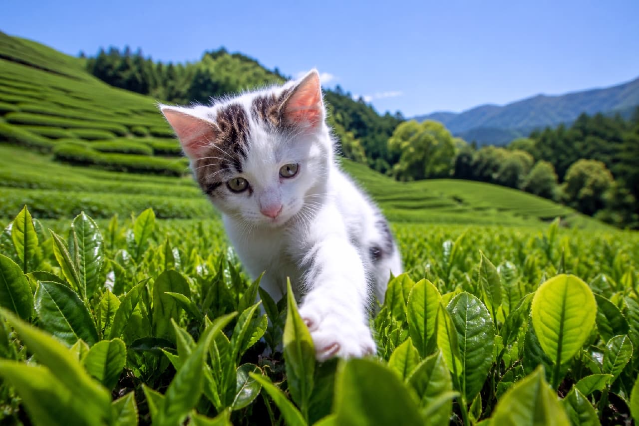 「一番茶、みーつけたっ🌱🐾 広ーいお茶畑で元気に遊ぶ姿に、元気をもらえますね☀️🍵 #茶畑 #猫とお出かけ #猫のいる暮らし」Ultra-realistic high-quality photograph of a playful tabby and white kitten reaching its paw towards a tea leaf in a vast, lush green tea plantation. The wide-angle perspective captures the dynamic movement of the kitten against a beautiful background of rolling hills and a clear blue sky, evoking a fresh, vibrant, and energetic atmosphere. 抜けるような青空と、山の斜面に広がる美しい緑の茶畑を背景に、新芽の茶葉に小さな前足を伸ばして遊ぶキジ白(ブラウンタビー&ホワイト)の子猫。広角レンズ特有のパースペクティブが子猫のダイナミックな動きと好奇心旺盛な表情を捉え、大自然の爽やかな空気感が画面いっぱいに広がります